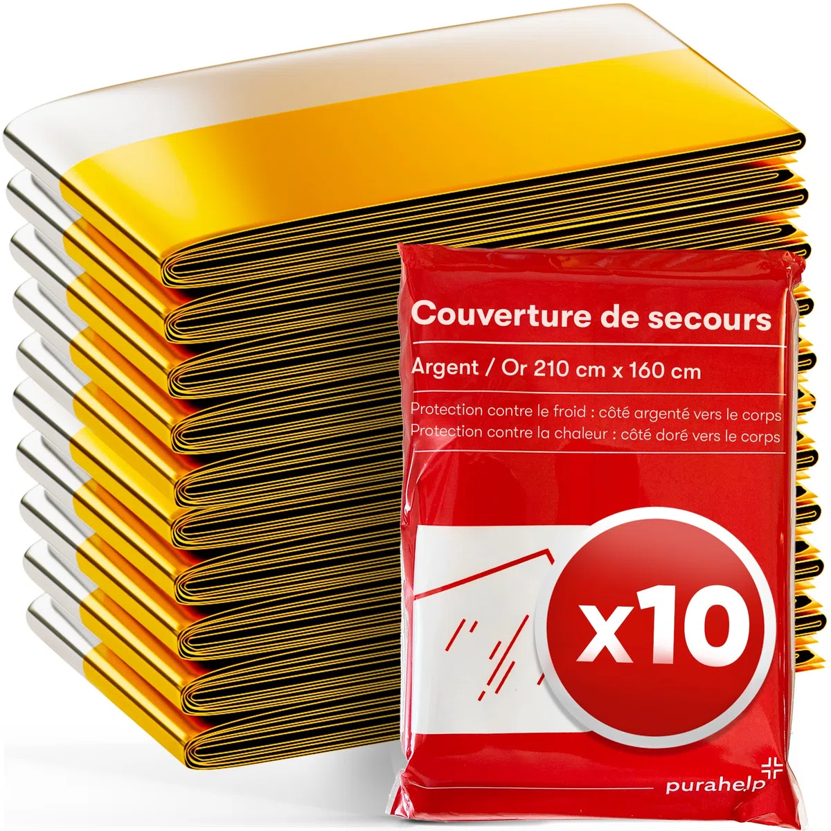 PURAHELP® Couverture de Survie [Lot de 10] - 210 x 160 cm | Couvertures d'Urgence pour Premiers Secours, Randonnée & Voiture - Imperméable pour Camping, Outdoor & Urgences