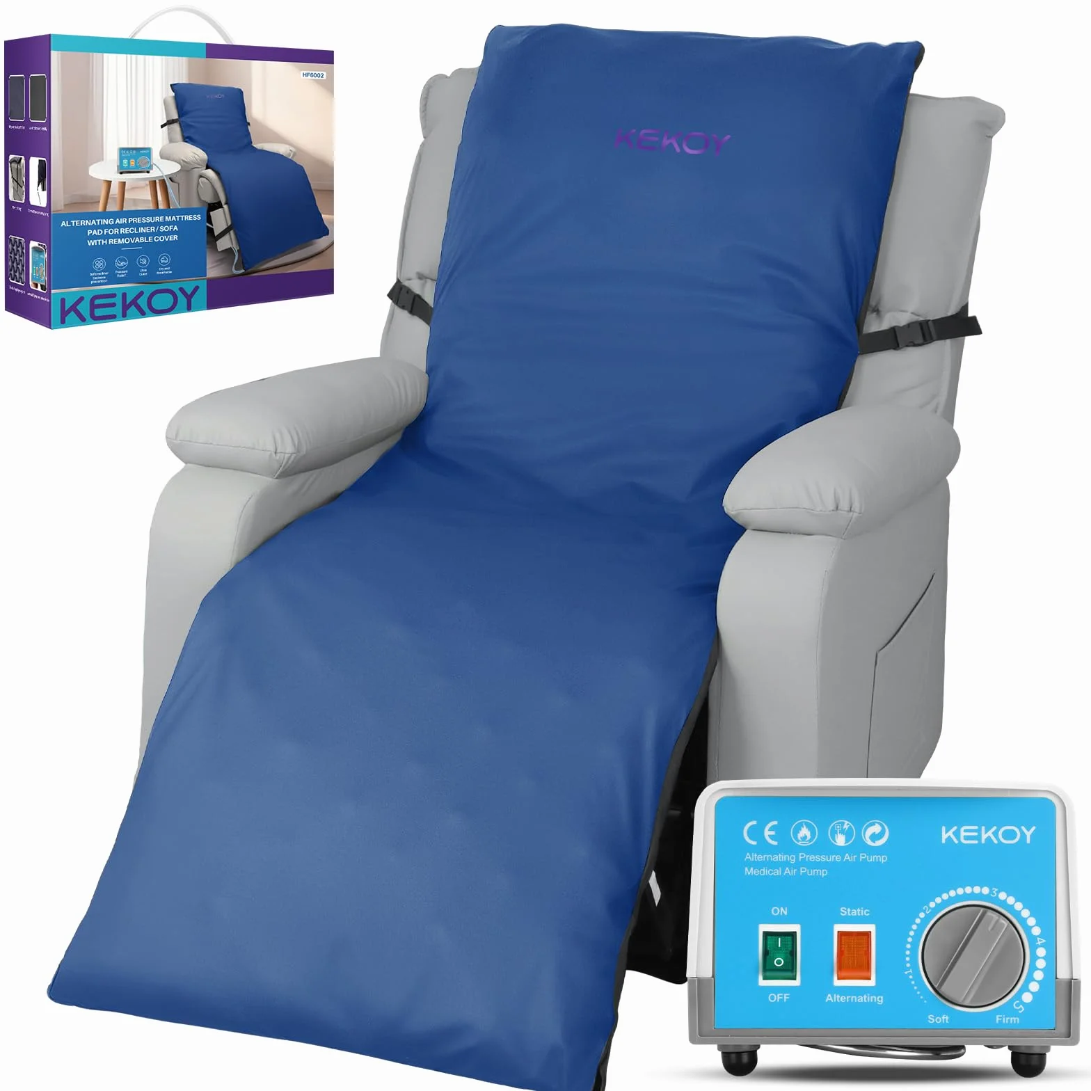 Kekoy Matelas Anti-Escarre pour Fauteuils Relax, Pompe Silencieuse, Housse Imperméable, Idéal pour Personnes Âgées et Récupération Postopératoire, 170x56 cm, Bleu Clair