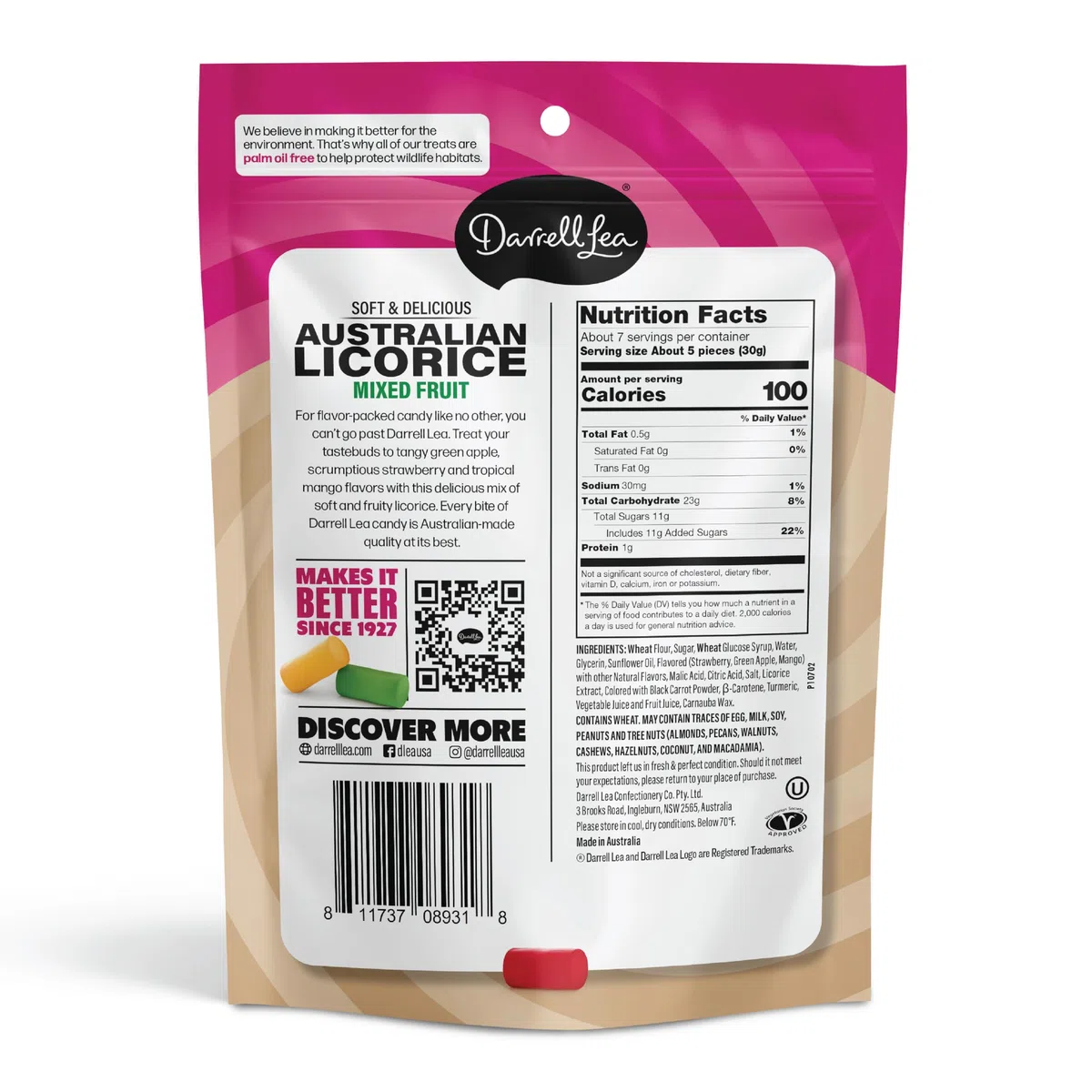 Darrell Lea Réglisse australienne douce, sans OGM, sans huile de palme, convient aux végétariens, sans sirop de maïs à haute teneur en fructose, bonbons à la réglisse doux et moelleux, fabriqués en