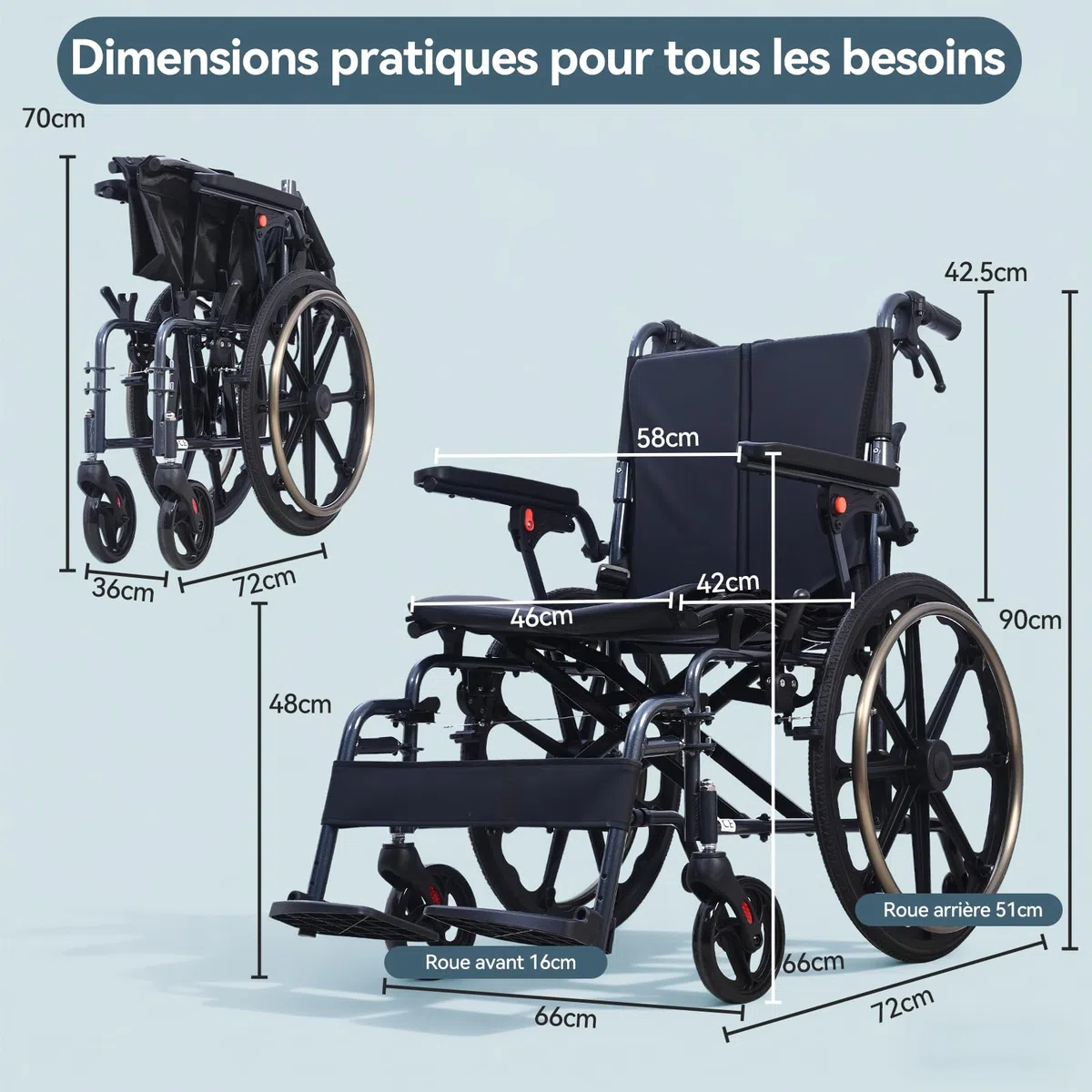 M4 Fauteuil roulant pliable léger avec double rembourrage d'assise, roues avant absorbant les chocs, cadre en aluminium léger, accoudoirs amovibles, pneus en caoutchouc sans entretien