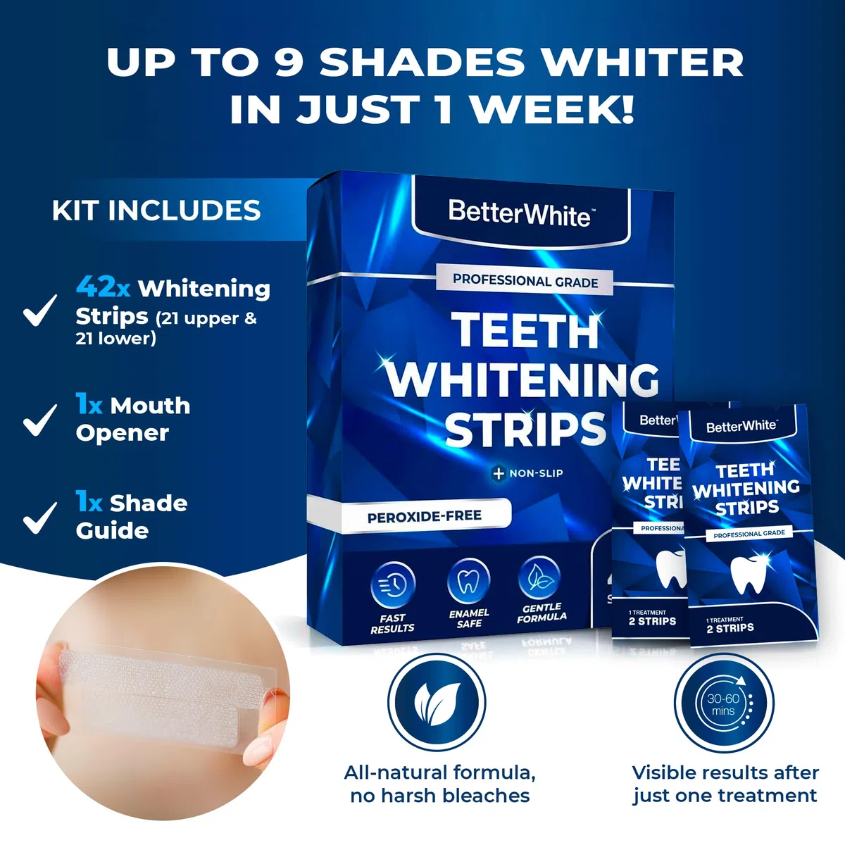 BetterWhite Professional Teeth Whitening Strips 21 Treatments - Enamel Safe - Non-Sensitive Formula - 42 Peroxide-Free Strips - Dentist Formulated Teeth Whitening Kit + Mouth Opener Included