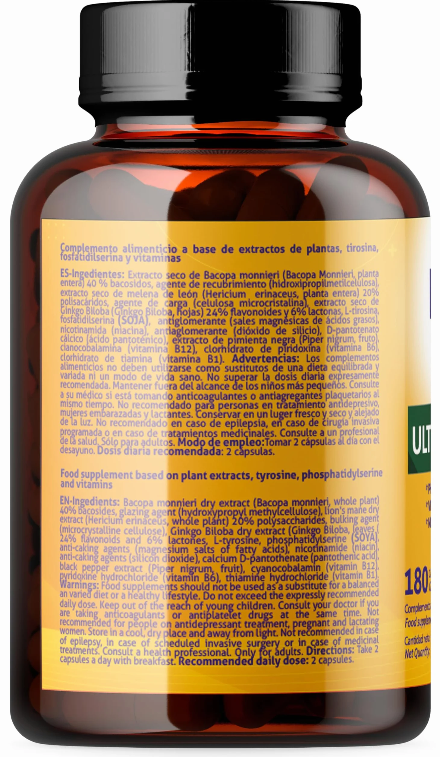 Ginkgo Forte Ultra - 180 Gélules avec Bacopa, Phosphatidylsérine, Crinière de Lion, Tyrosine, Niacine et Vitamines B, Nootropique Naturel