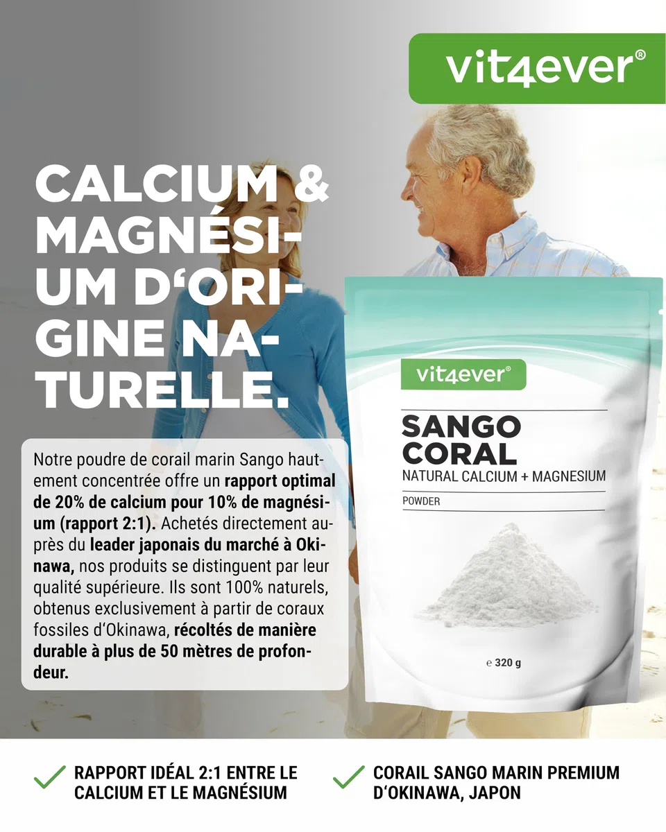 Corail Sango - 320 g de poudre - Source naturelle de calcium (20%) & de magnésium (10%) dans un rapport de 2:1 propre à l'organisme - Sans additif