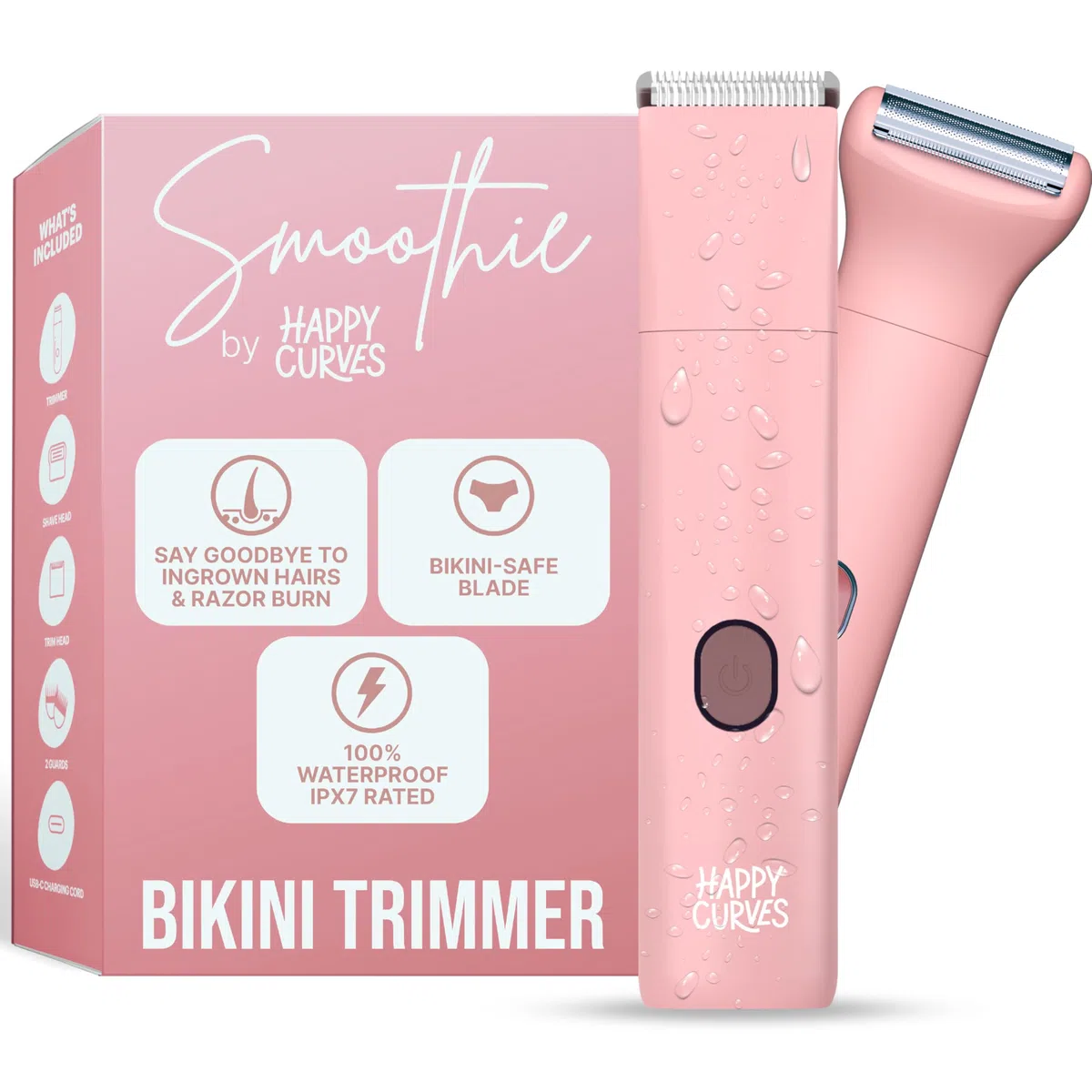 HAPPY CURVES Smoothie Tondeuse bikini – Rasoir électrique pour femme, toiletteur imperméable avec protections réglables, rasoir personnel pour poils pubiens, rasoir intime pour femme et tondeuse pour
