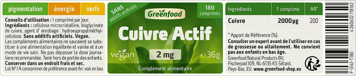Greenfood Cuivre actif, 2 mg, dose élevée, comprimés, vegan - SANS additifs artificiels. Sans organisme génétiquement modifié.