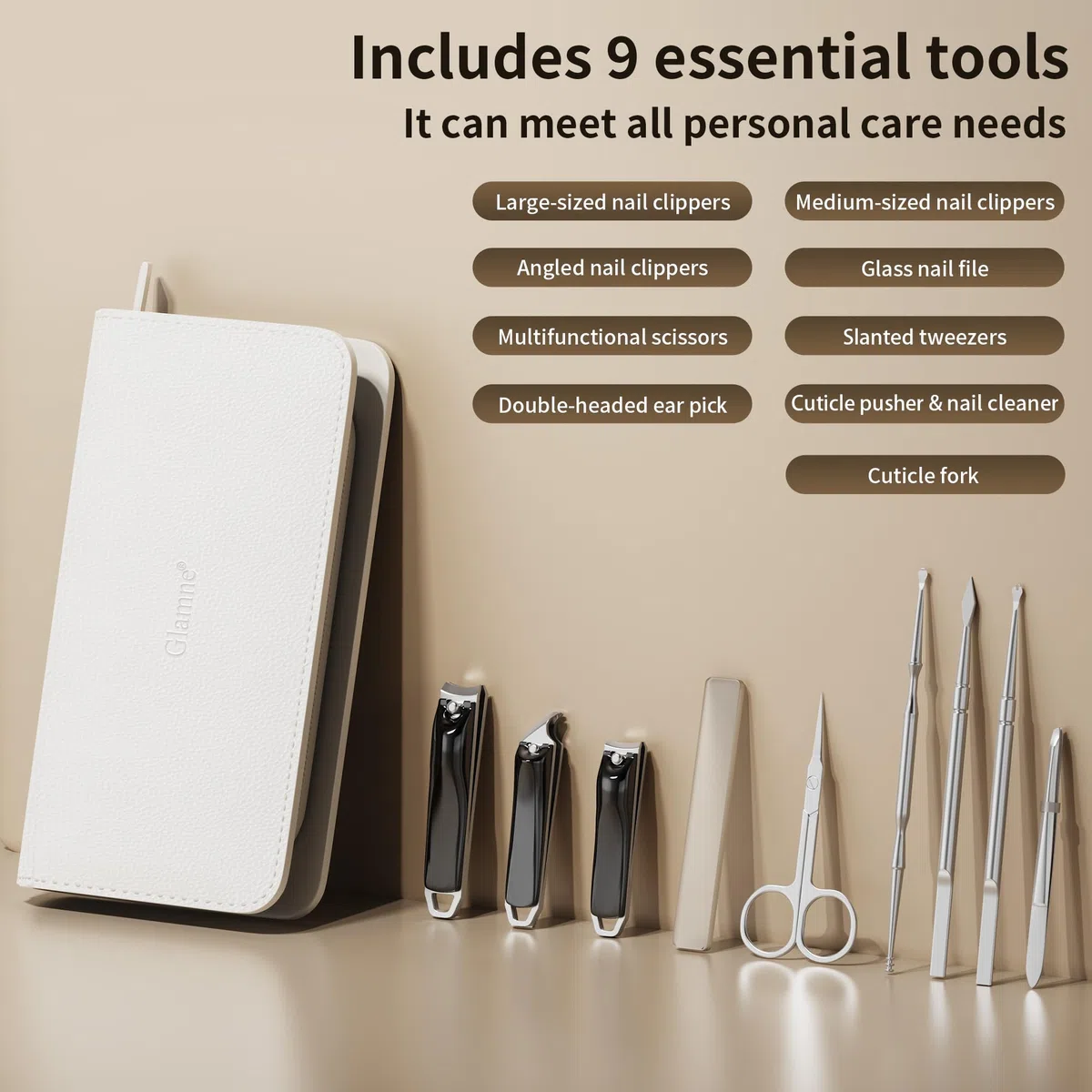 Ensemble coupe-ongles Pince à épiler Ciseaux Manucure Kit de toilettage 9 en 1 avec étui en cuir à fermeture éclair