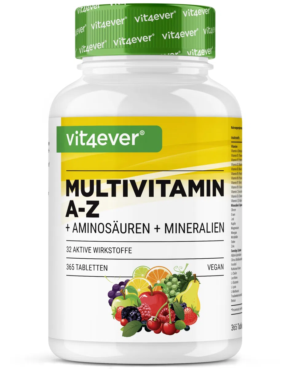 Multivitamine A-Z - 365 comprimés (12 mois) - 32 principes actifs - Combinaison de minéraux + acides aminés + oligo-éléments + extraits de plantes - Vegan - Fortement dosé