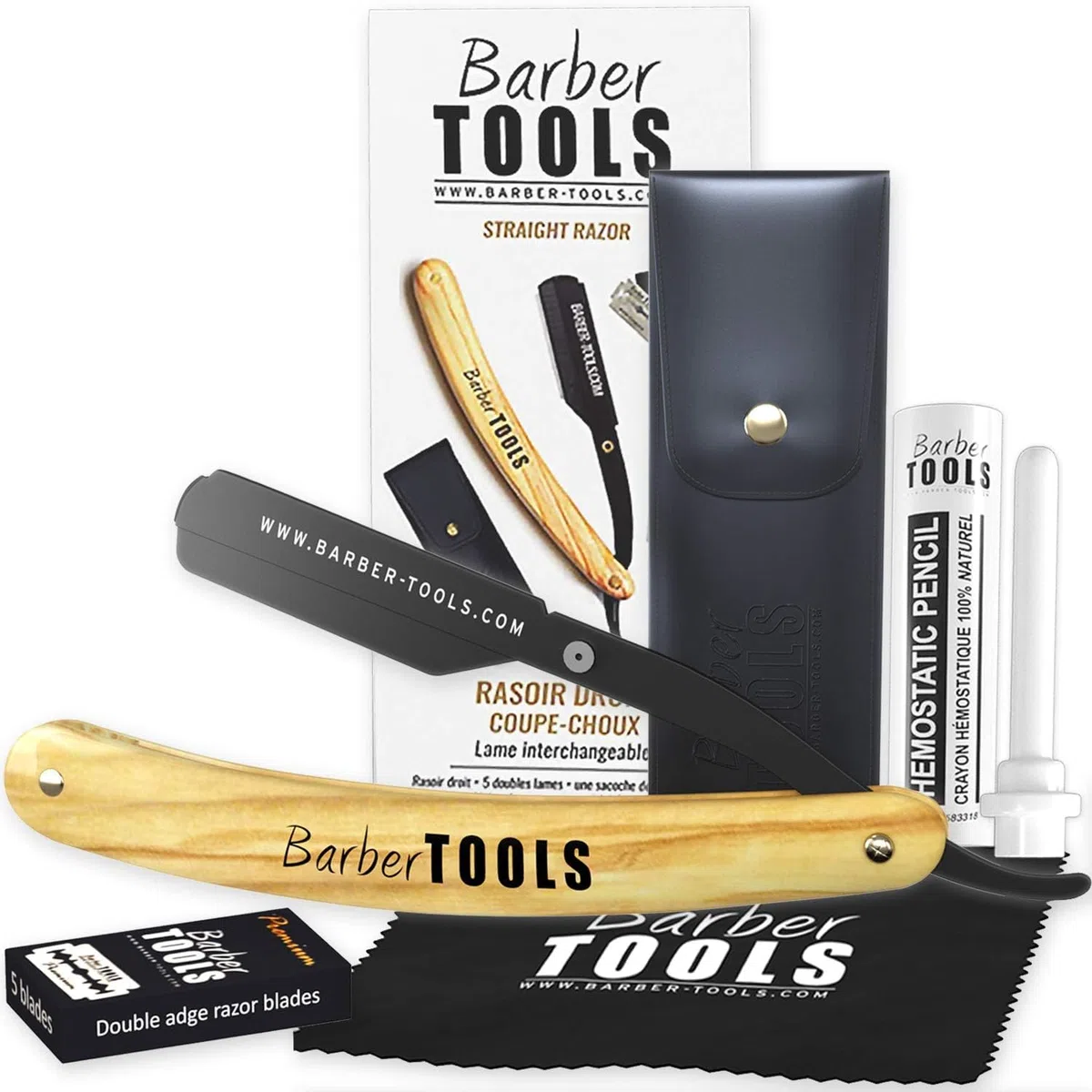 Kit de Rasage Homme Complet – Rasoir de Barbier Coupe-Choux à Lame Interchangeable avec Lames, Gel de Rasage Transparent, Stick d’Alun, Chiffon & Étui de Rangement BARBER TOOLS