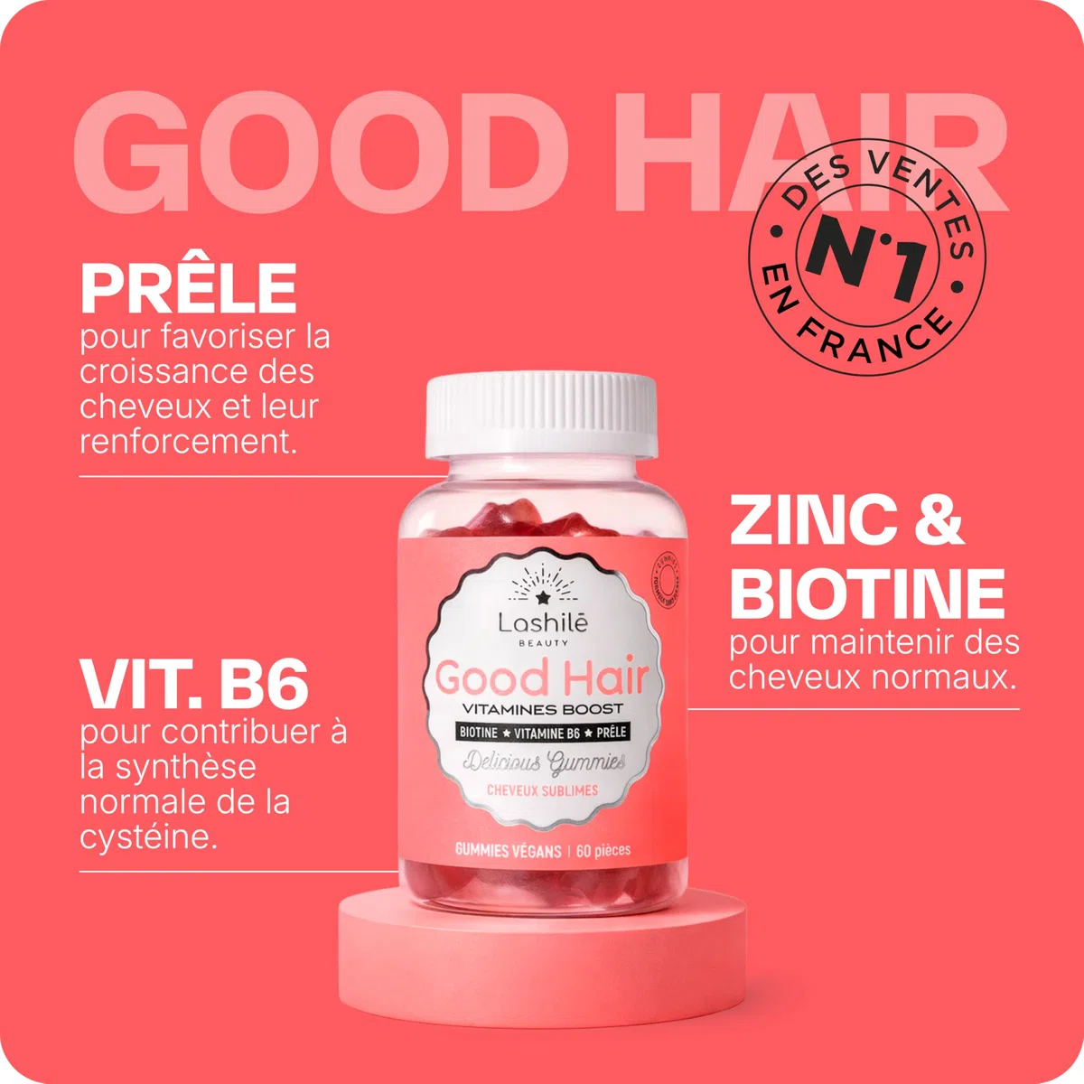 Lashilé Beauty Good Hair – Gummies Cheveux Pousse & Croissance – Complément Alimentaire Cheveux Fortifiants – Biotine, Zinc, Prêle – Vegan, Sans Sucres – Made in France – Cure 1 Mois, 60 Gummies