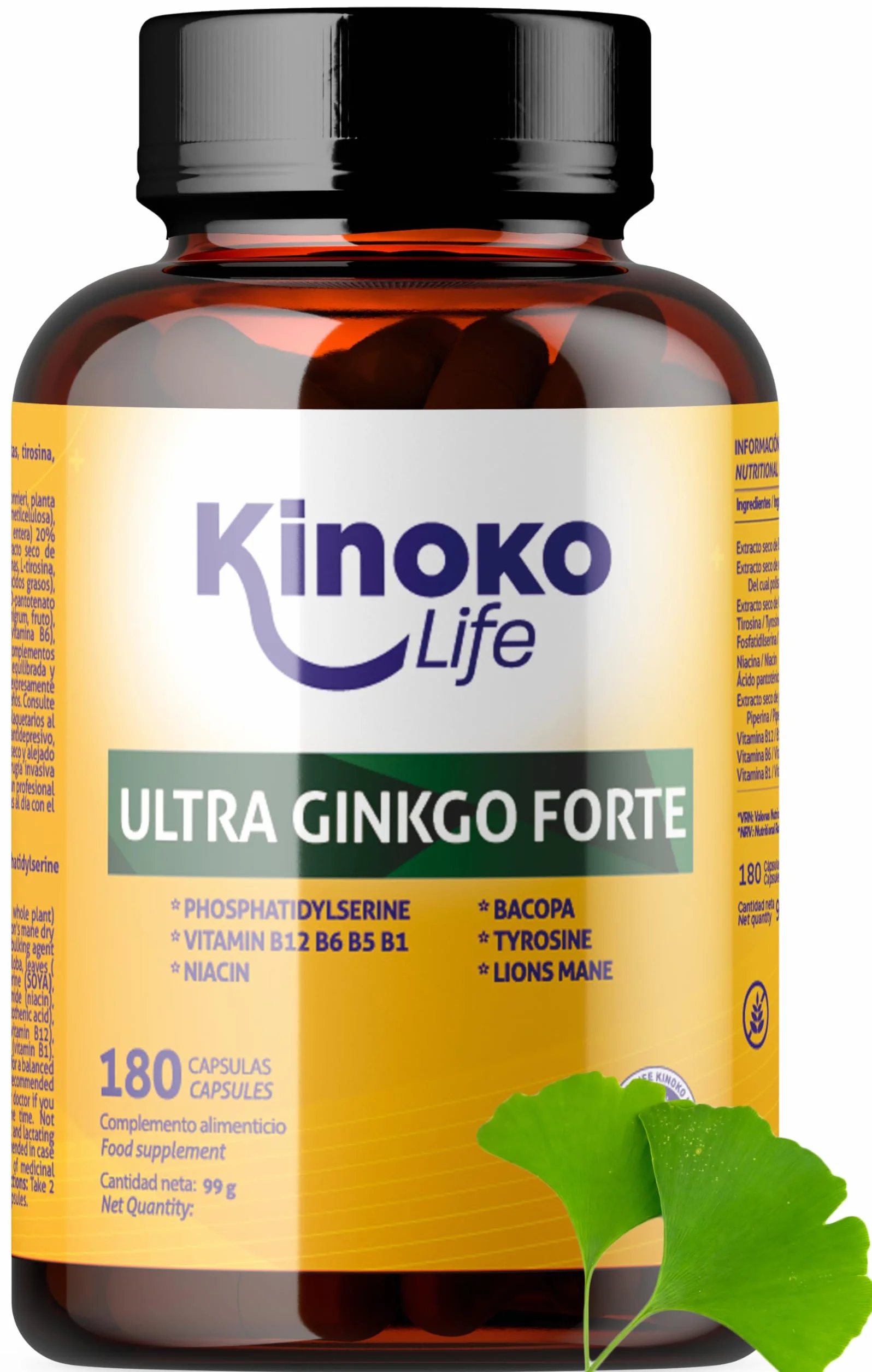 Ginkgo Forte Ultra - 180 Gélules avec Bacopa, Phosphatidylsérine, Crinière de Lion, Tyrosine, Niacine et Vitamines B, Nootropique Naturel