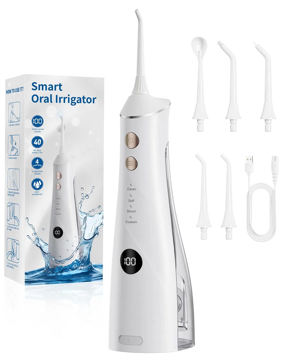 Hydropulseur Dentaire, Jet Dentaire Vainqueur du Test 2025, 5 Embouts et 4 Modes, Nettoyage Interdentaire, Soins Bucco-Dentaires, Grand Réservoir, Étanchéité IPX7, pour la Maison et Les Voyages