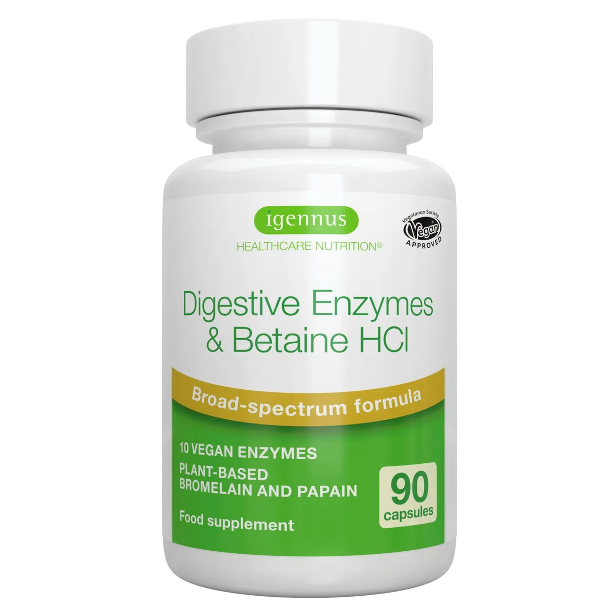 Enzymes Digestives & Bétaïne HCl, 90 Capsules, Complexe Avancée de 10 Enzymes Digestives compris Bromélaïne, Papaïne, Lactase, Lipase, Formule Pure et 100% Végétale - par Igennus