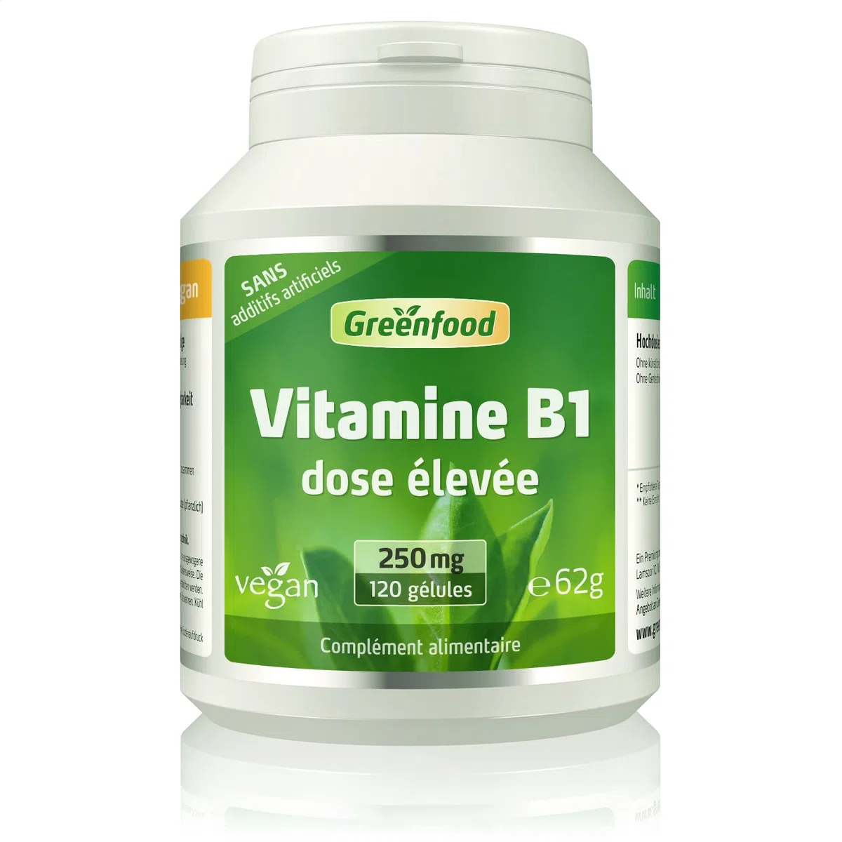 Greenfood Vitamine B1, 250 mg, dose élevée, 120 gélules - pour un métabolisme énergétique normal. SANS additifs artificiels. Sans organisme génétiquement modifié. Comprimés vegan.