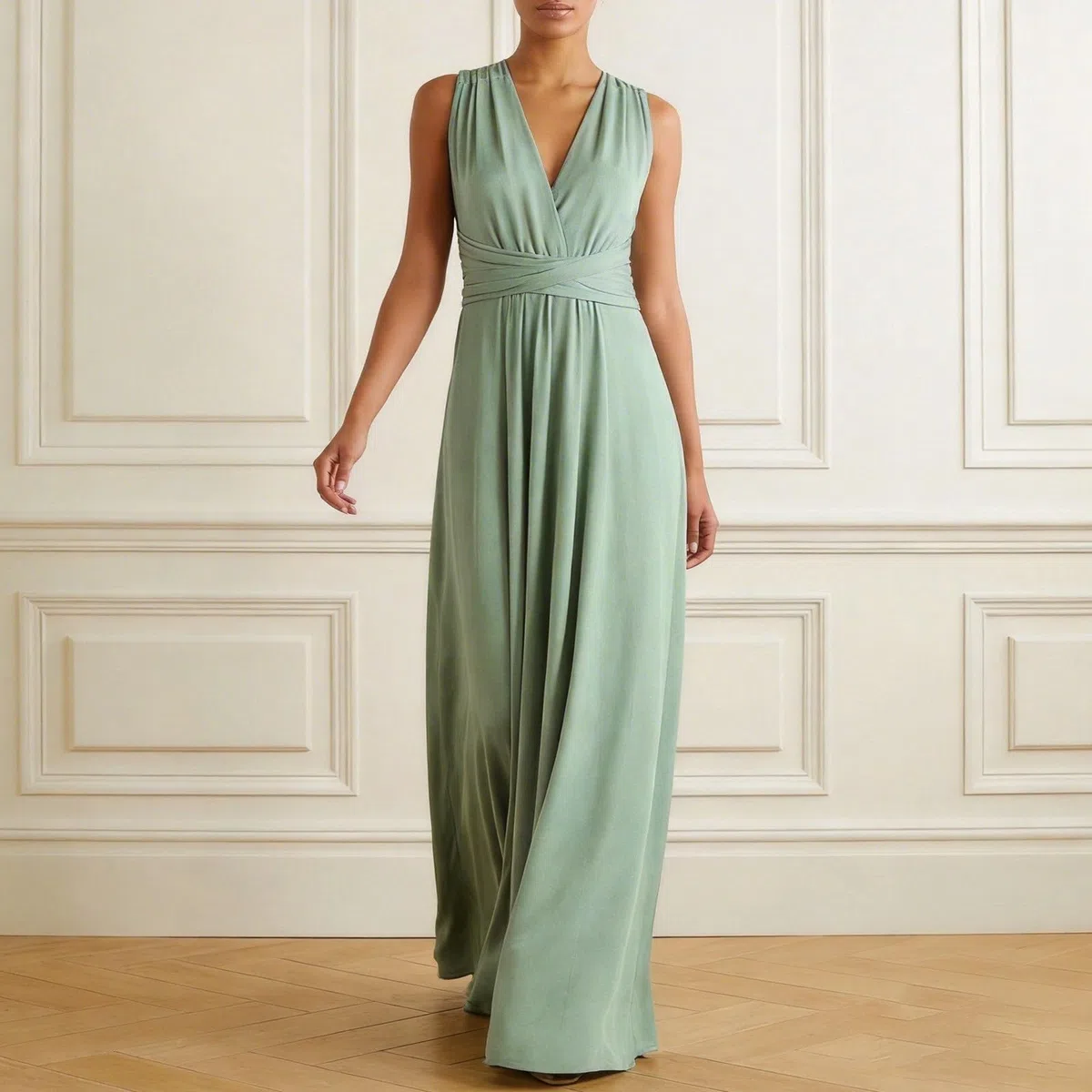 Generisch Robe maxi pour femme avec col en V en vert sauge - Robe de soirée sans manches avec taille empire - Élégante robe d'été longue au sol