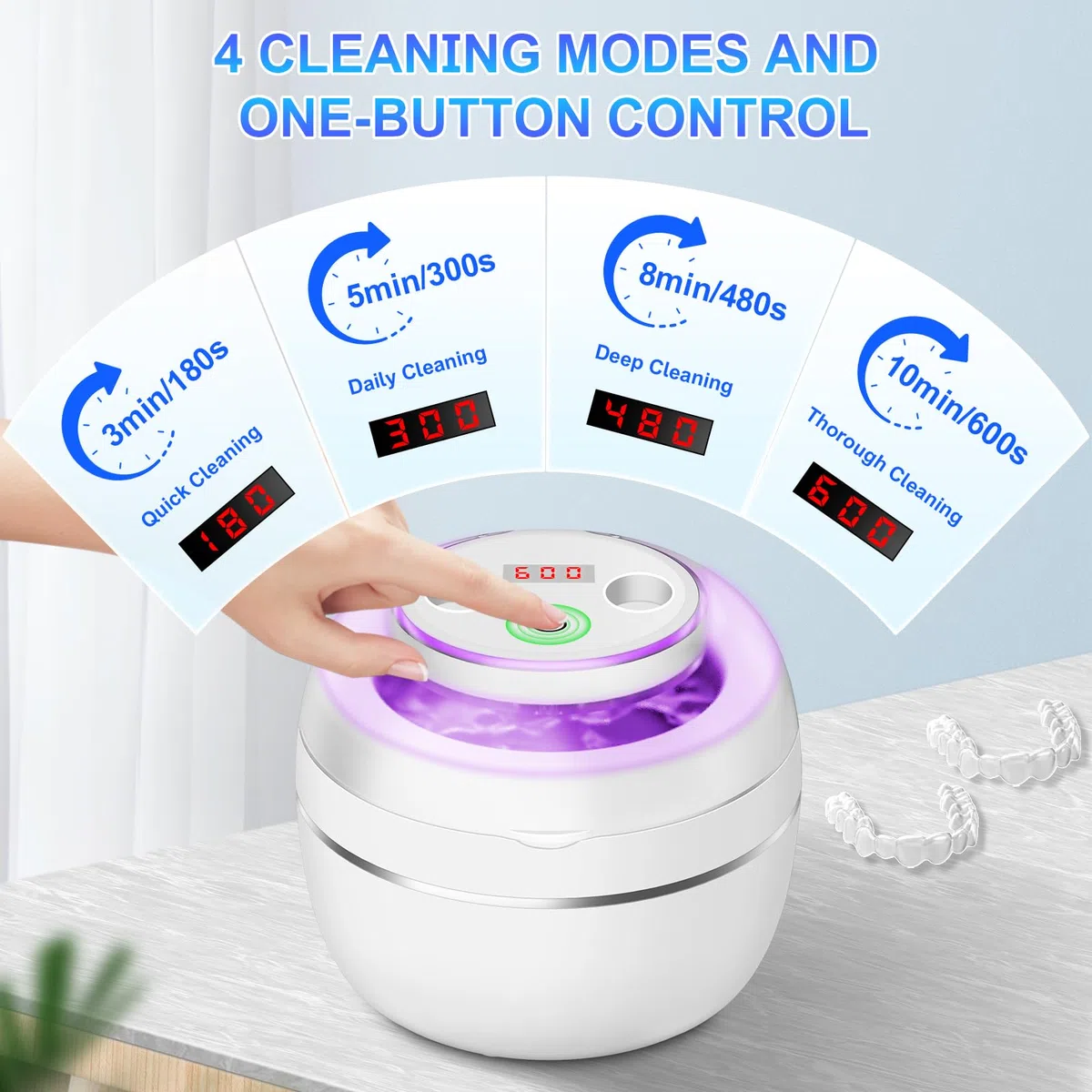 Nettoyeur Ultrasons 50000Hz Bac Ultrasons avec Lampe UV et 4 Modes, 250ML Ultrasonic Retainer Cleaner Dental Pod Dentaire pour Prothèses Dentaires, Gouttière Dentaires, Retainer, Bijoux, Blanc