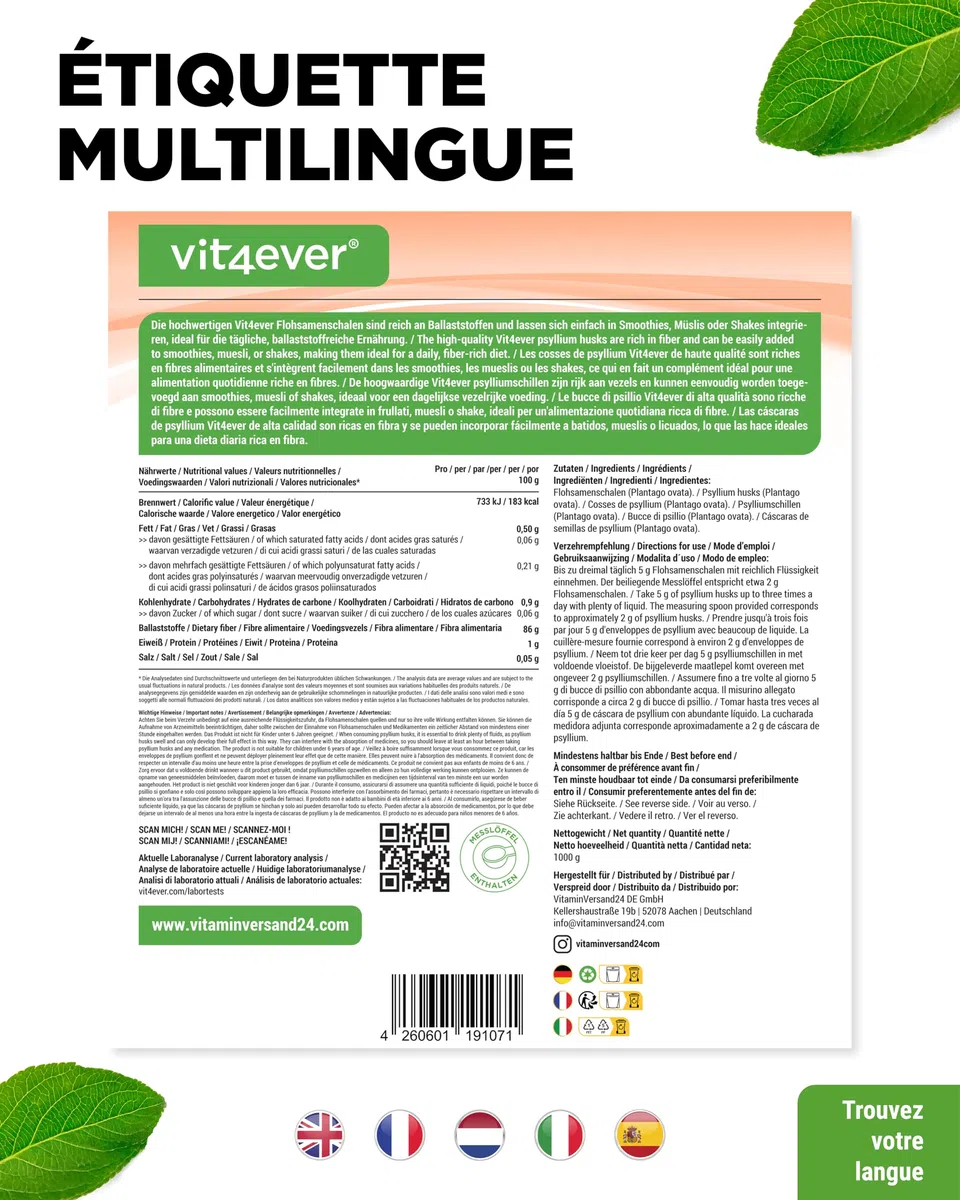 Psyllium Husks 1 kg - 1000 g - Résidus Contrôlés - Pureté 99% - Origine : Inde - Faible Teneur en Glucides - Haute Teneur en Fibres - sans Additifs - Vegan