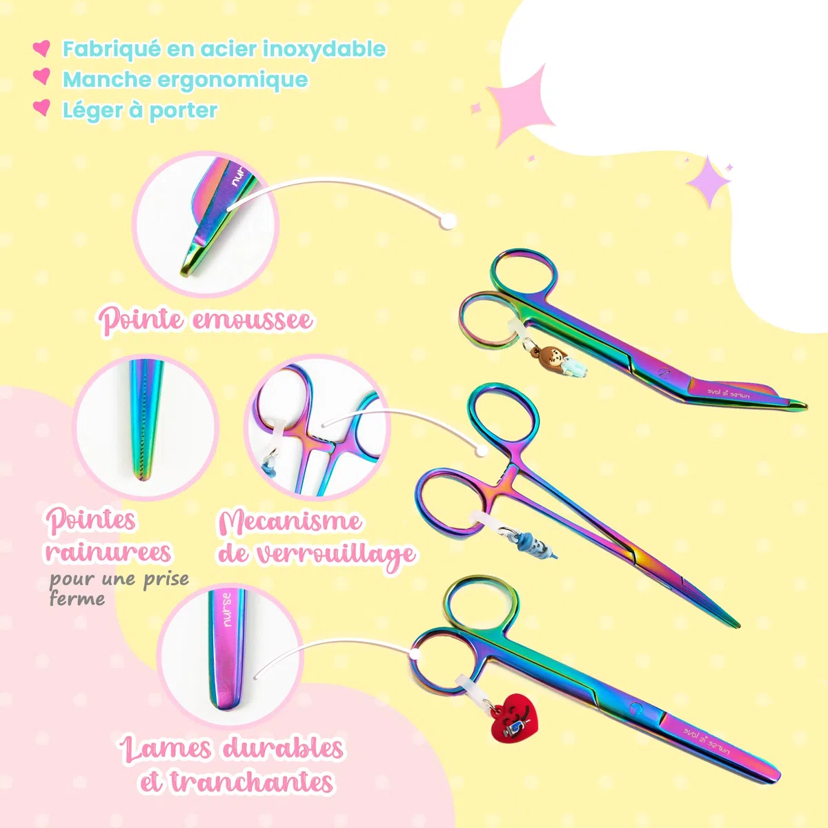 Nurse is Love Set 3 pièces Ciseaux Infirmiers Pico de Pato & Droits Mayo + Outil de Fixation | Ciseaux à Pointe Roma, Accessoires Infirmière, Premiers Secours - Cromium