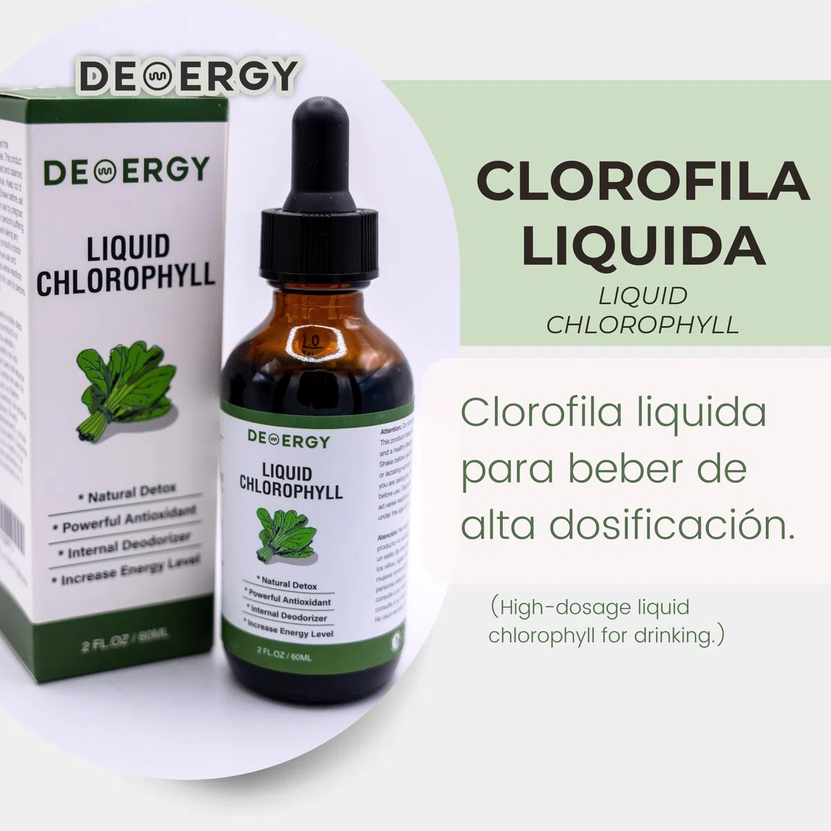 Chlorophylle liquide 60 ml Haute concentration sans alcool végétalien et 100 % naturel sans gluten