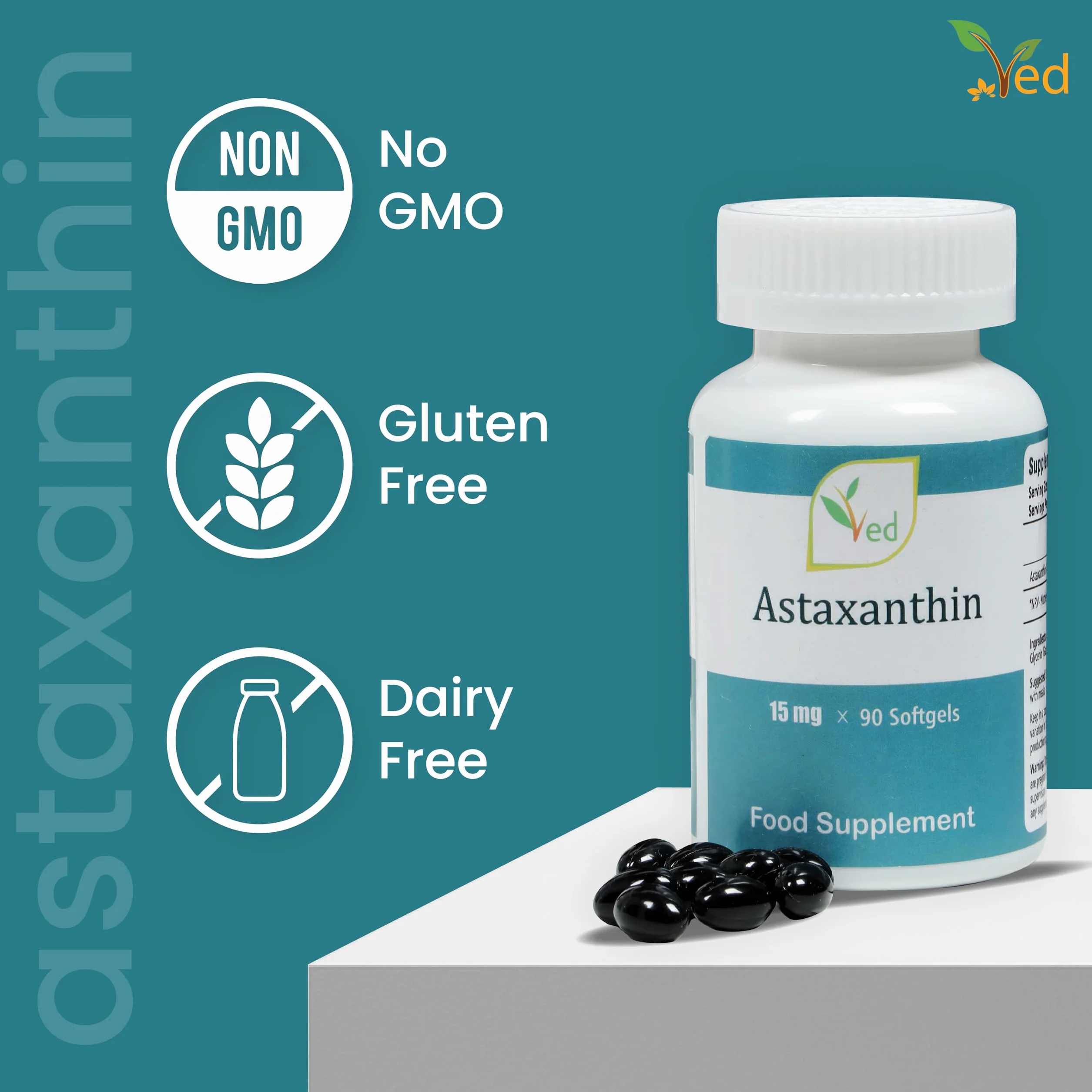 Capsules d'astaxanthine Ved | Soutenir un système immunitaire sain | Soutenir la santé des articulations et des tendons | 15mg 90 Gélules Antioxydant Anti-Radiaire Libre