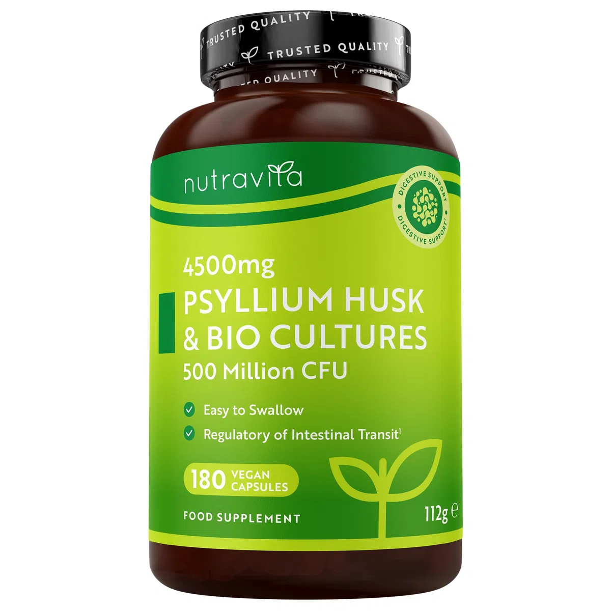 Nutravita Psyllium Blond 4500mg Vegan avec 500 Million de CFU - 180 Psyllium Gelules pour 3 Mois - Complement Alimentaire Transit Intestinal (EFSA)