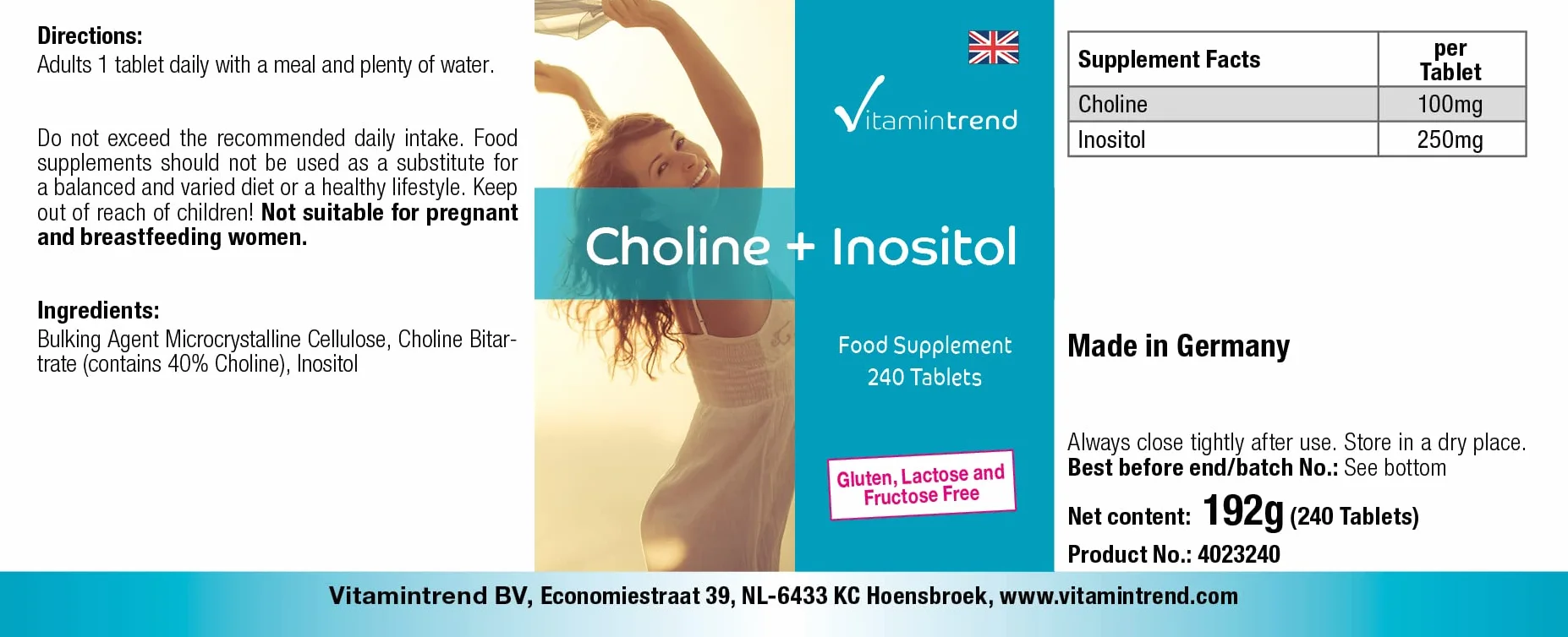 Vitamintrend Choline 100 mg + Inositol 250 mg, 240 comprimés, complément alimentaire végan sans stéarate de magnésium, fabriqué en Allemagne