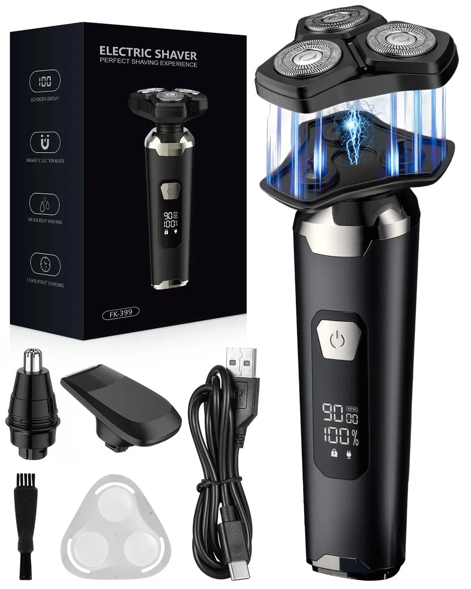 Rasoir Électrique Homme 4D Magnétique à 3 Têtes Flottante,Tondeuse Barbe Étanche IPX6 Humide/Sec avec Écran LCD, 90 Min d'Autonomie, USB-C à Charge Rapide, Rasoir Portable pour Voyage et Maison