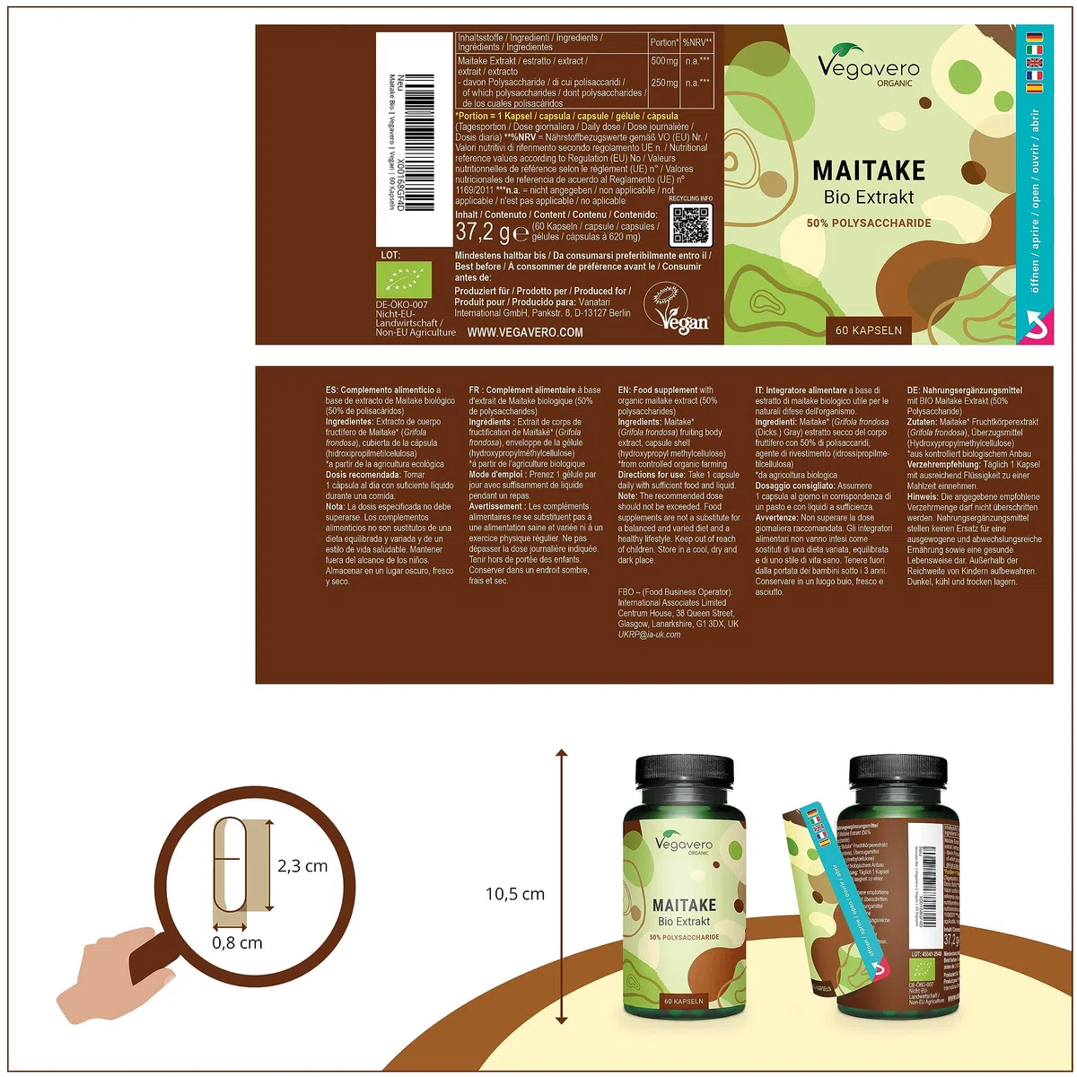 Maitake BIO Vegavero® | Dosage Élevé : 7500 mg | Extrait Standardisé à 50% de Polysaccharides | Antioxydant Naturel + Anti Stress | Sans Additifs | 60 Gélules | VEGAN