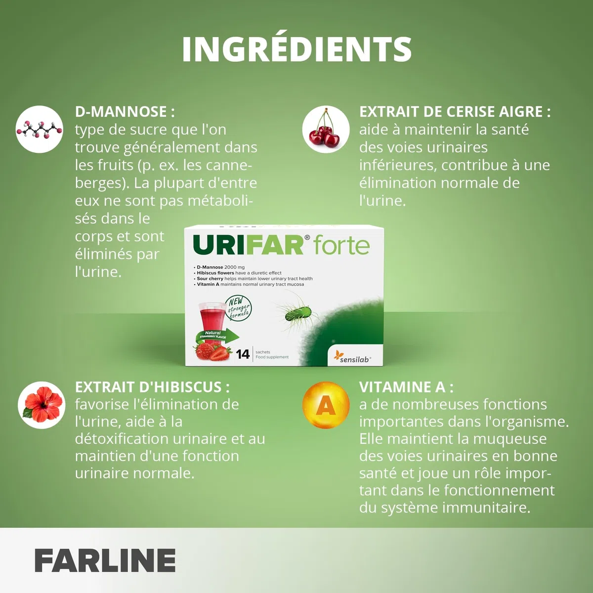 Sensilab Urifar Forte - Boisson D-Mannose à la Fraise, 28 Sachets | Hibiscus, Extrait de Cerise Griotte, la Vitamine A contribue au Maintien de Muqueuses Normales