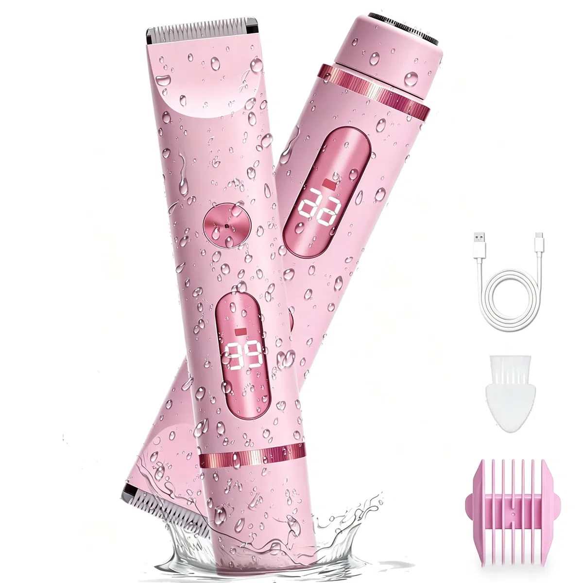 2 in 1 Rasoir Electrique Femme, Tondeuse Femme Intime, IPX7 Étanche Rasoir Femme, utilisation humide et sèche pour le visage, les aisselles, les jambes (Rose)