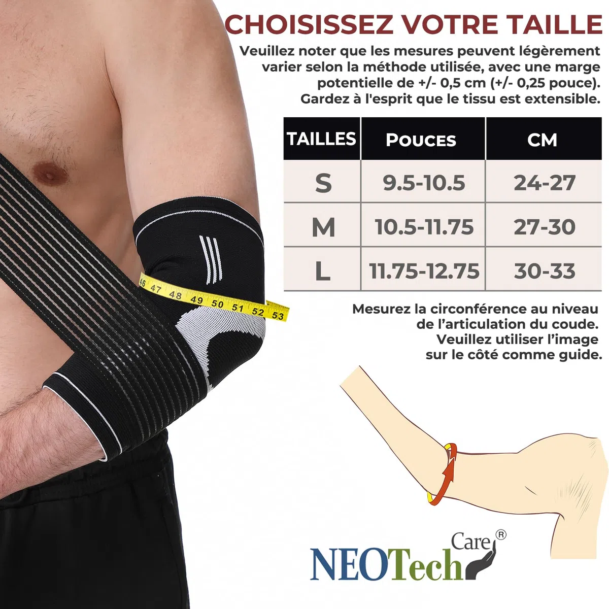 NEOtech Care Coudière - Compression AJUSTABLE - Légère, élastique, flexible, respirante - Protège-coude pour sport, tennis, golf (Noire, Taille M, 1 Paire)