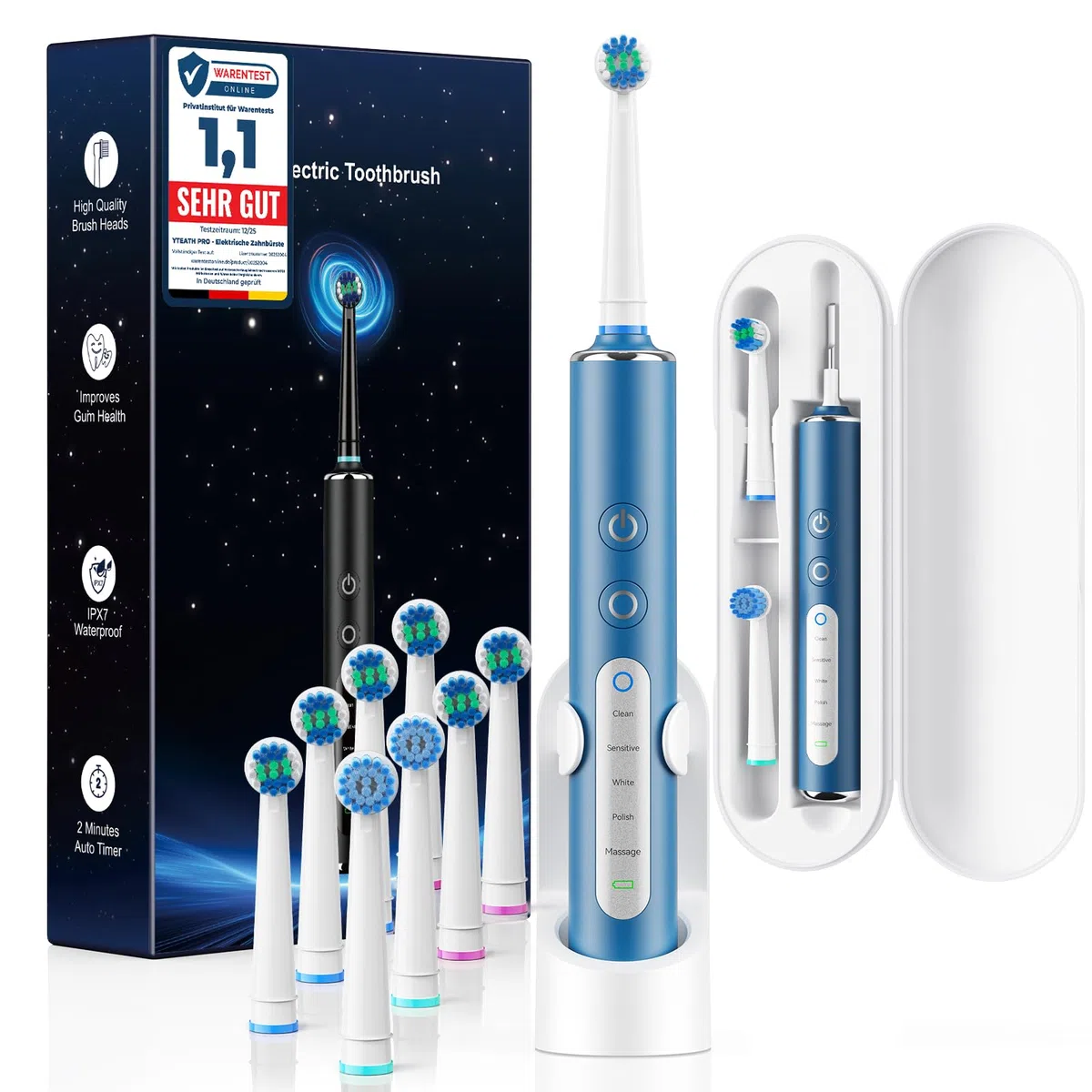 Brosse à Dents Électrique Rotative Pour Adultes et Enfant, 3 Intensités 5 Modes, Brosse à Dent Électrique avec 8 Têtes de Brosse, Étui de Voyage, Étanche IPX7, Batterie 120 Jours
