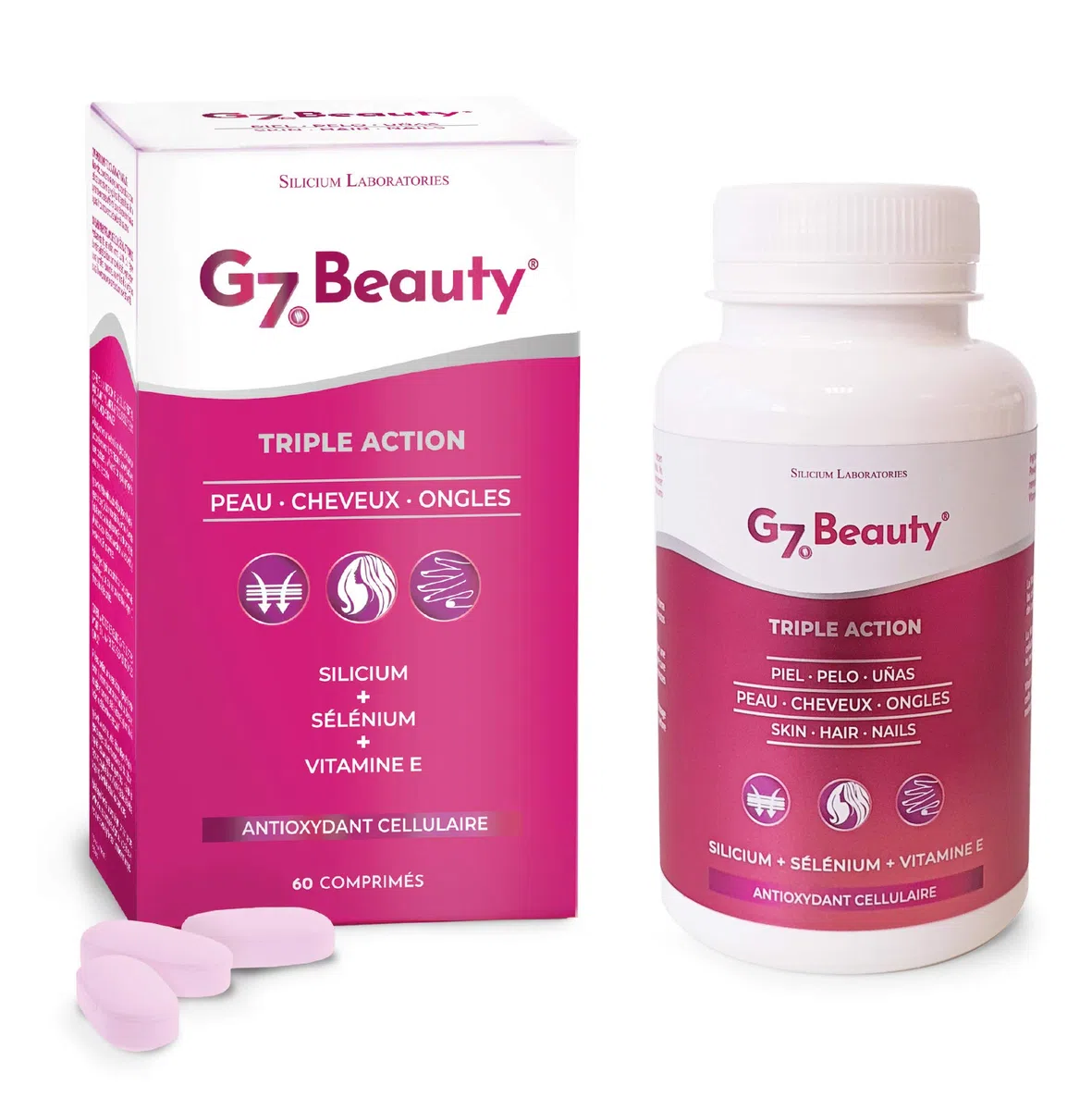 G7 Beauty. Antioxydant cellulaire. Silicium Enrichi En Vitamine E Et Sélénium. Aide Á Maintenir La Santé Et La Beauté De La Peau, Des Cheveux Et Des Ongles. 60 capsules.