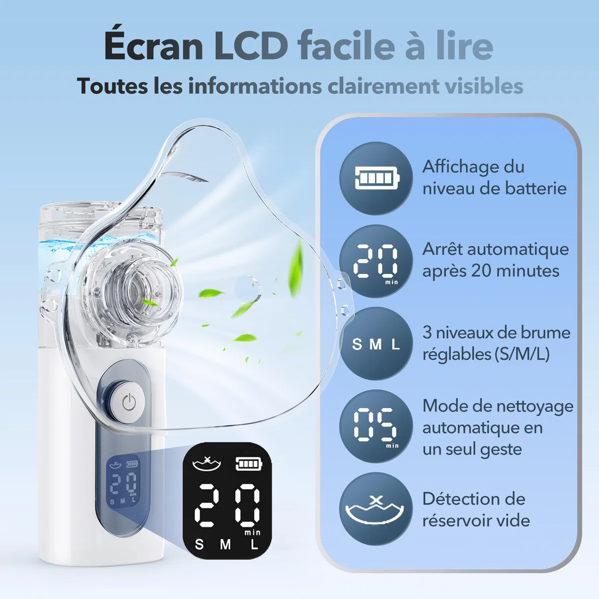 Nebulisateur Portable pour Adultes et Enfants - Inhalateur Silencieux Rechargeable avec 3 Niveaux, Auto-Nettoyage, 2 Masques (Adulte/Enfant) et Embout Buccal - Pour la Maison, le Bureau et les Voyages