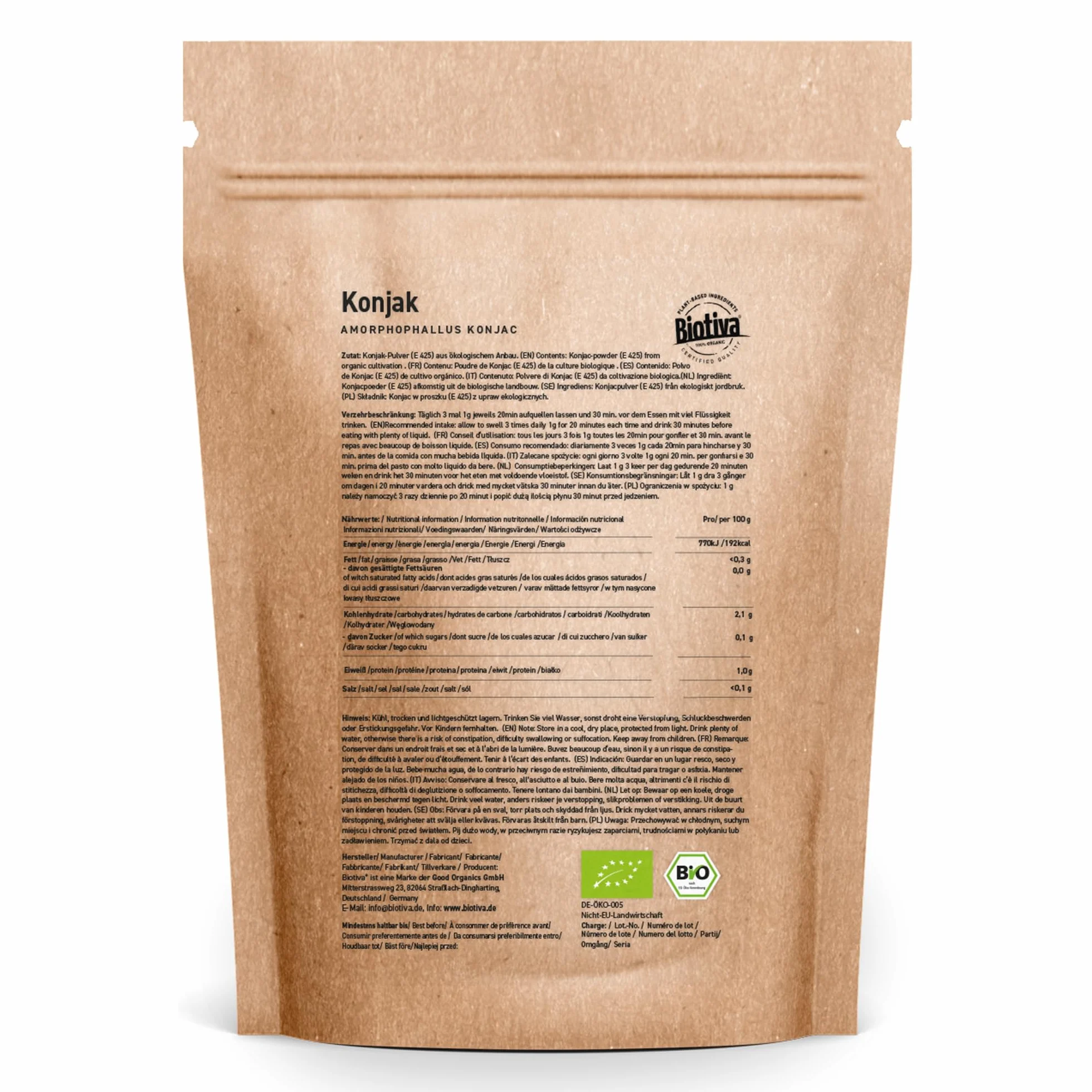 konjac poudre bio 250g - E425 - Glucomannane - Amorphophallus konjac - sans additifs - Mis en bouteille et contrôlé en Allemagne - Biotiva