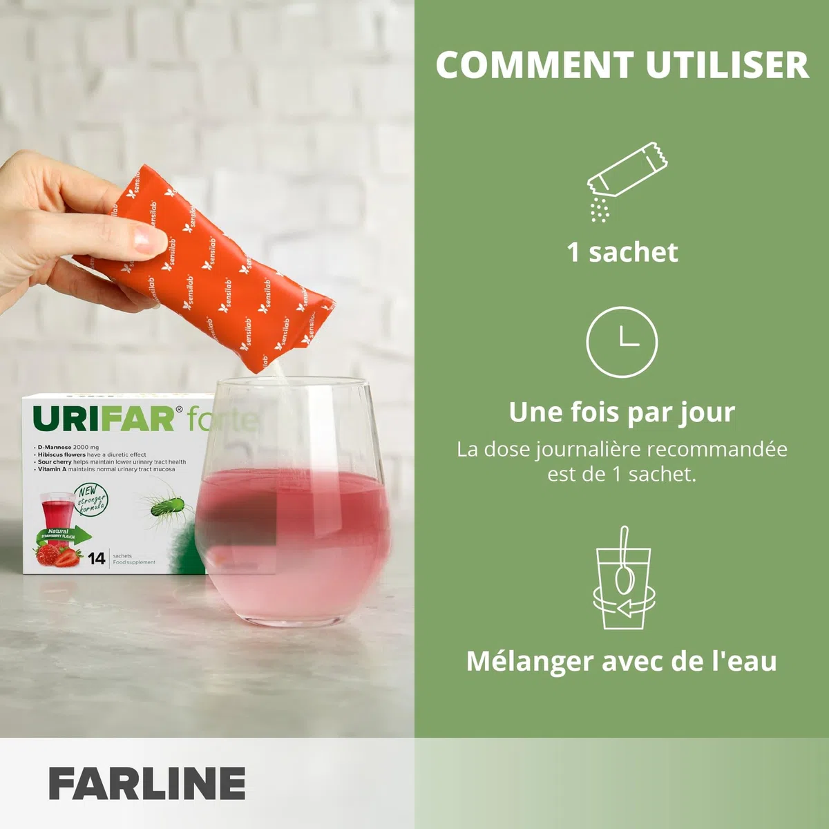 Sensilab Urifar Forte - Boisson D-Mannose à la Fraise, 28 Sachets | Hibiscus, Extrait de Cerise Griotte, la Vitamine A contribue au Maintien de Muqueuses Normales