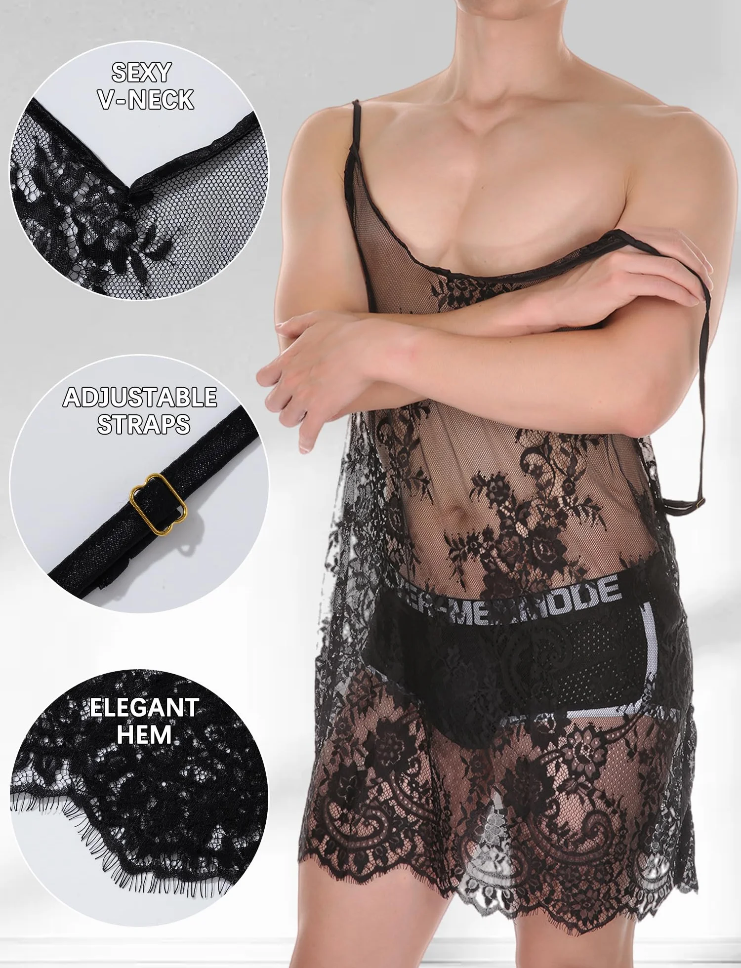 AIEOE Robe de nuit sexy en dentelle pour homme - Sous-vêtements transparents - Ultra fine et extensible - Taille unique