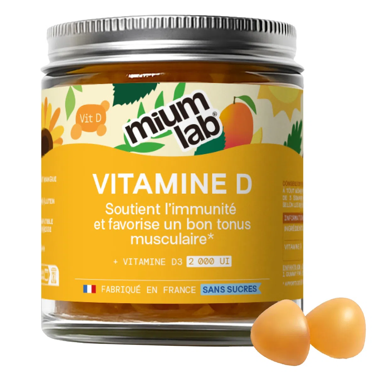 Mium Lab - Vitamine D3 (2000UI) - Hautement dosé et absorbé - Système Immunitaire, Soutient des os, des muscles, Croissance - Enfants & Adultes - Cure 21 jours - Gummies sans sucres Fabriqué en France