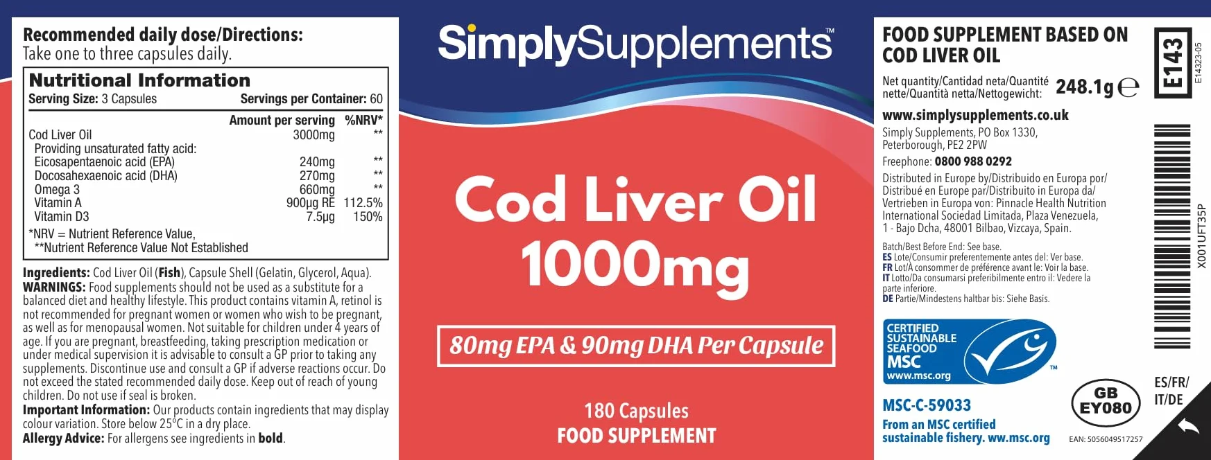 Huile de Foie de Morue 1000mg - 180 Gélules - 2 mois de bienfaits - SimplySupplements.