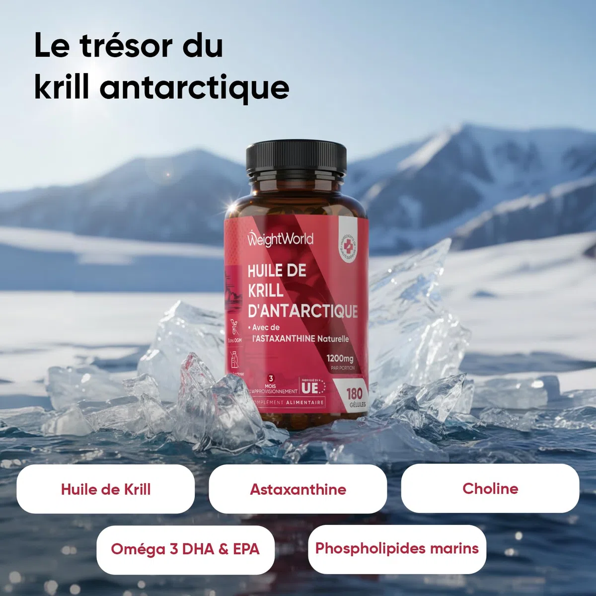 Huile de Krill d'Antarctique 1200mg Oméga 3 DHA EPA - 180 Gélules