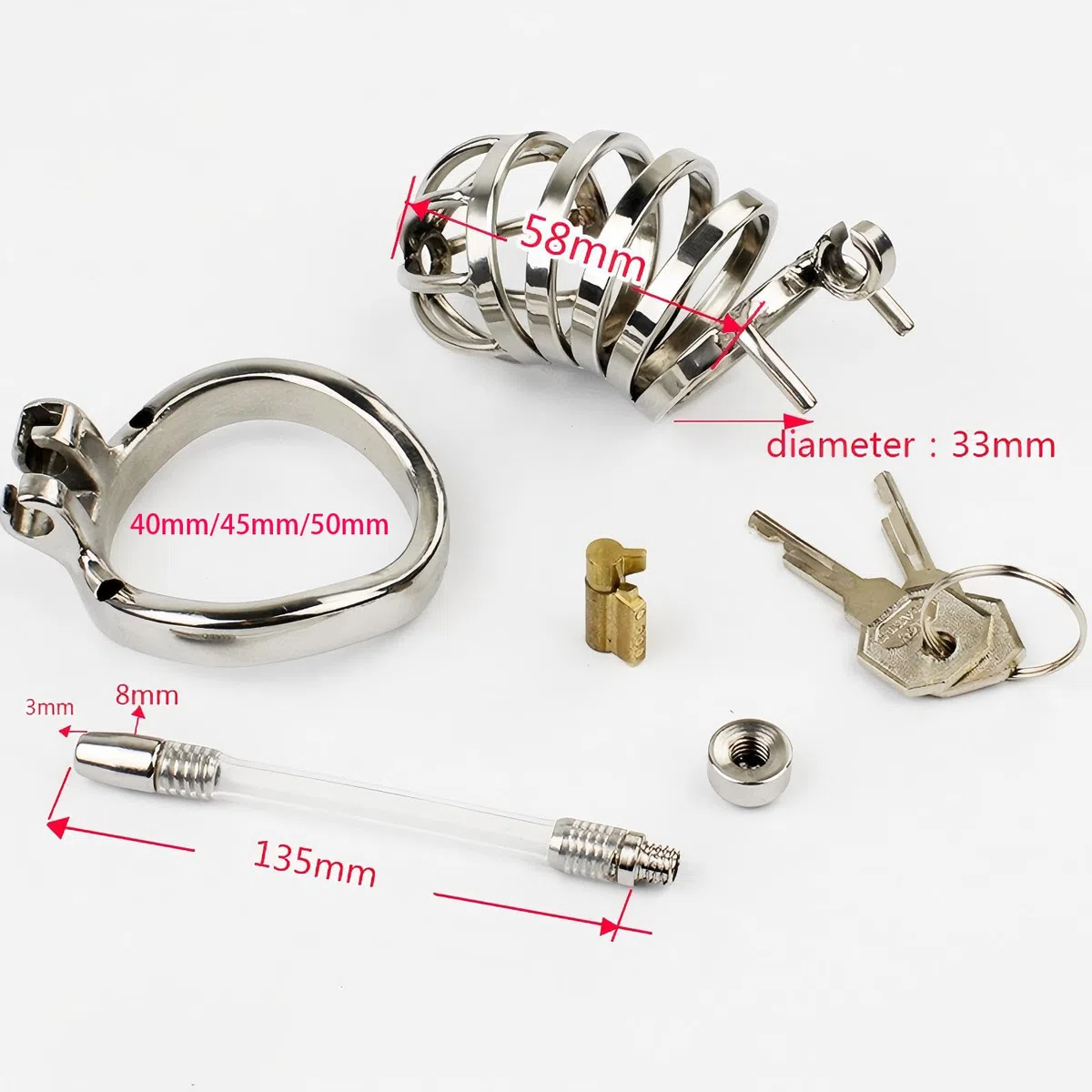 Cage de Chasteté pour Pénis avec Cathéter en Silicone Cage Chastetée en Métal avec Serrure Dissimulée pour le Bondage du Pénis de l'Homme Chastity Cage en Acier Courbé et Respirant (50mm)
