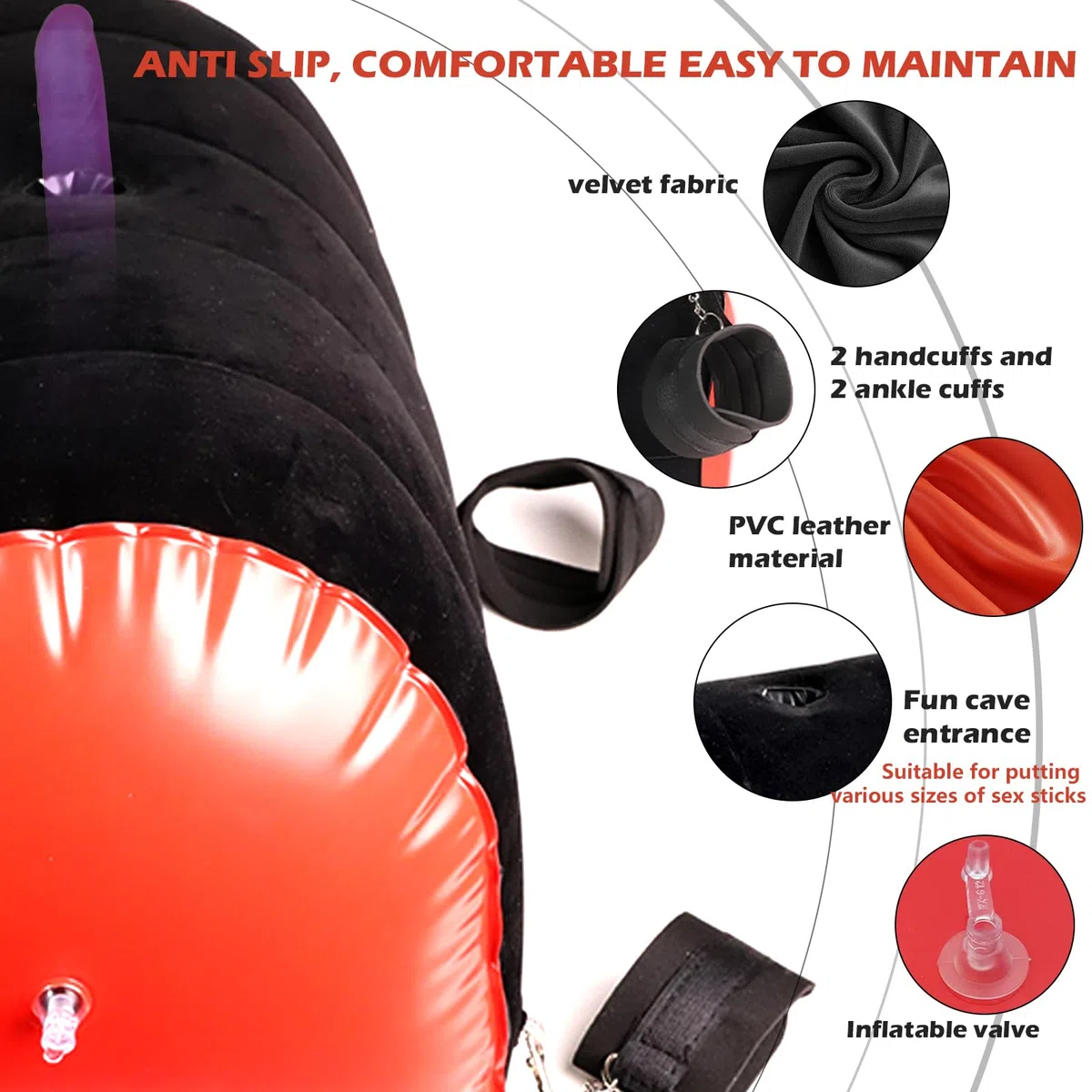 Coussin BDSM,Coussin Support pour Gode Kit de liens avec menottes pour poignets et cuisses,novateur pour femmes et couples,Coussin gonflable,Multifonctionnel Jouets Sexuels