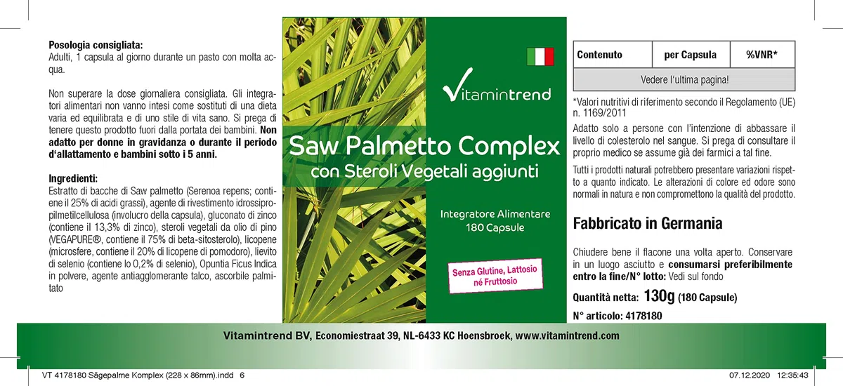 Vitamintrend Complexe de palmier nain avec stérols végétaux, 180 gélules, complément alimentaire vegan sans stéarate de magnésium, fabriqué en Allemagne