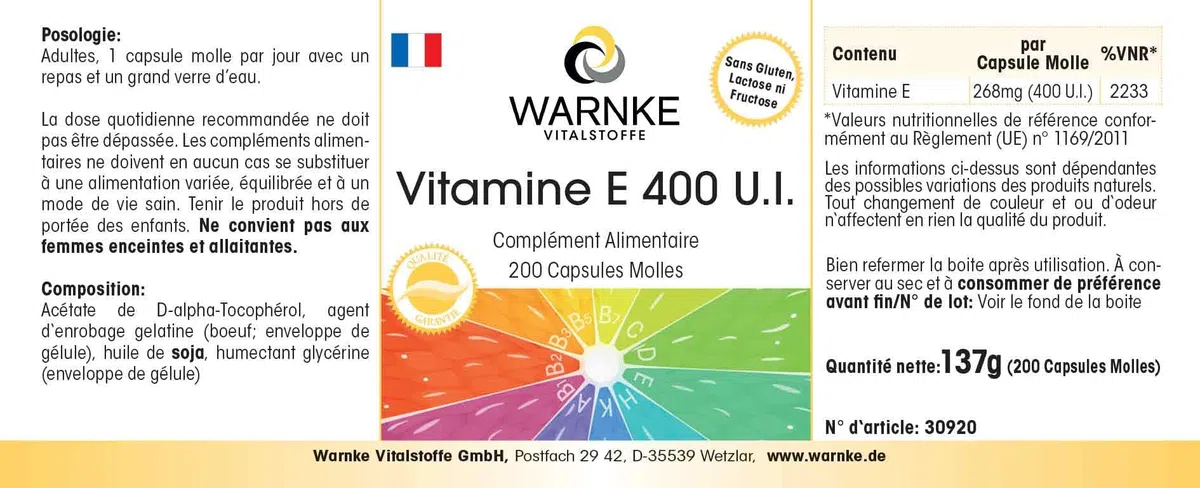 Vitamine E 400 U.I. - 200 softgels pour 200 jours, antioxydant, emballage en gros | Warnke Vitalstoffe - Qualité des pharmacies allemandes