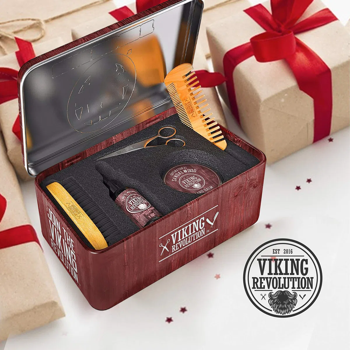 Viking Revolution - Kit Barbe Homme - Brosse en Poils de Sanglier, Peigne, Baume & Huile, Ciseaux pour Barbe & Moustache - Cadeau Homme - Bois de Santal