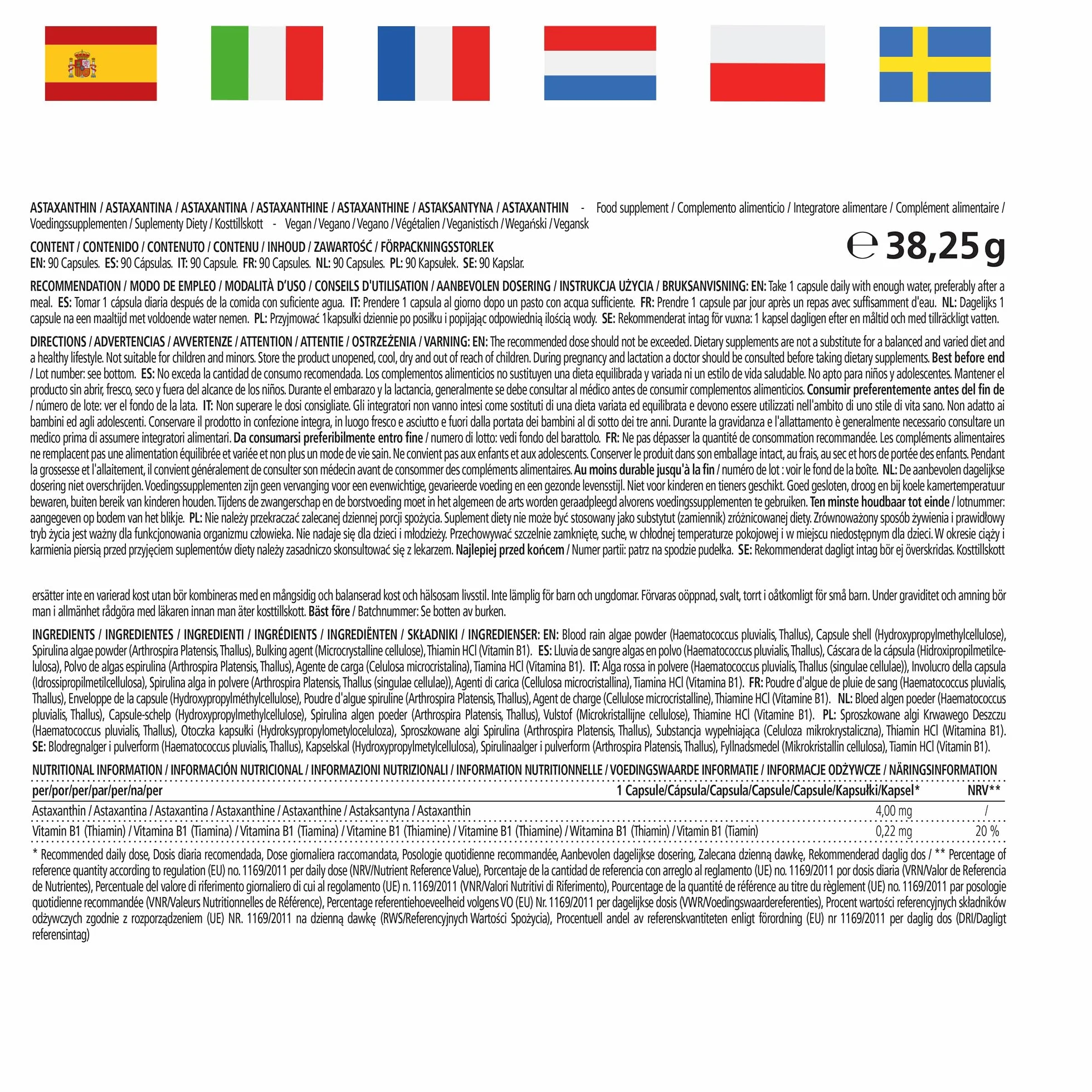 Astaxanthine avec Thiamine pour 3 Mois - 4mg Pure Astaxanthine a partir de Algues Haematococcus - Naturelle et Vegan en Poudre provenant D'Algues, 90 Capsules