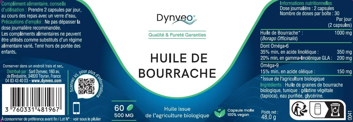 Huile de bourrache bio pure – huile de bourrache certifiée sans carraghénane et sans gélatine – 20% Acide gamma linolénique – 60 capsules (1mois)
