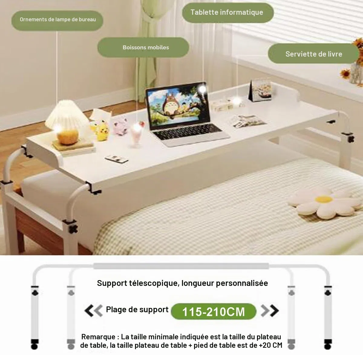 Bureau à roulettes sur Le lit avec roulettes，Table de lit réglable en Hauteur avec pivotantes (Color:Bois)