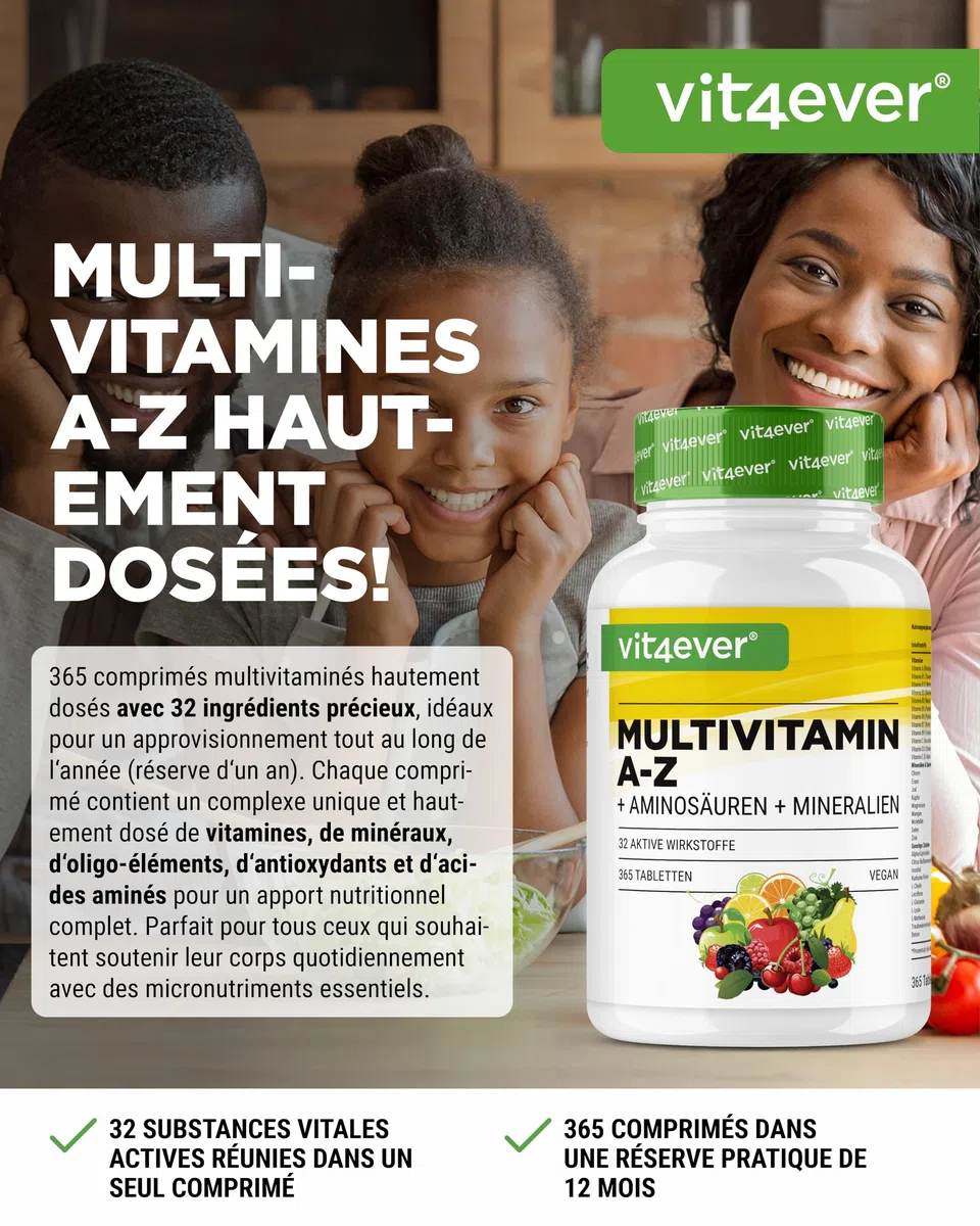 Multivitamine A-Z - 365 comprimés (12 mois) - 32 principes actifs - Combinaison de minéraux + acides aminés + oligo-éléments + extraits de plantes - Vegan - Fortement dosé