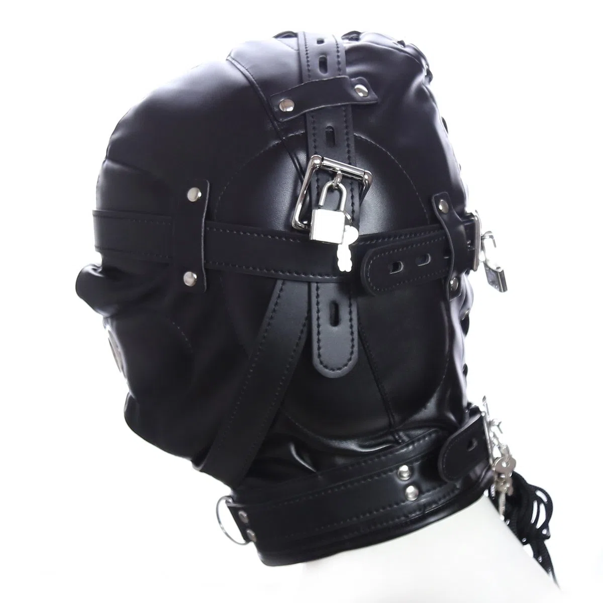 Noir Masque de tête unisexe Bondage Fétiche SM Cuir avec ouverture de bouche Cuir Tous les masques inclus Jouets sexuels Bandeau pour les yeux avec serrure pour les couples Cosplay Réglable Fétiche
