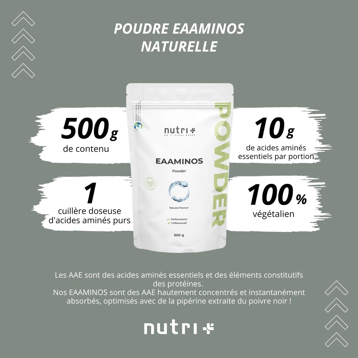 Nutri + Eaa 9 acides aminés poudre - Poudre d'EAA Neutral 500g - Haute dose - AAE instantanés goût neutre sans édulcorants, additifs & goût artificiel - Vegan Essential Aminos